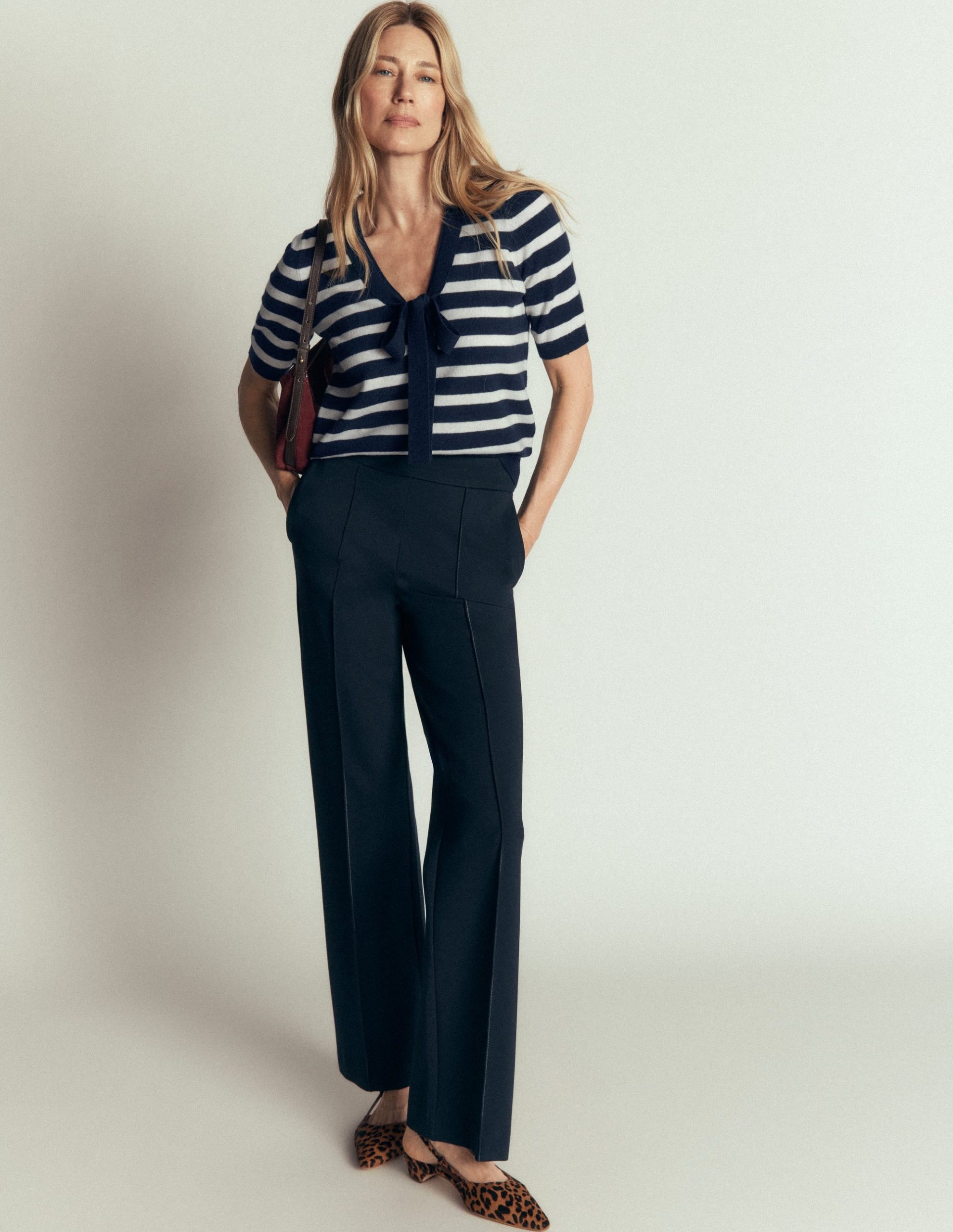 Bow Neck Knitted T-shirt-Navy. Ivory Stripe