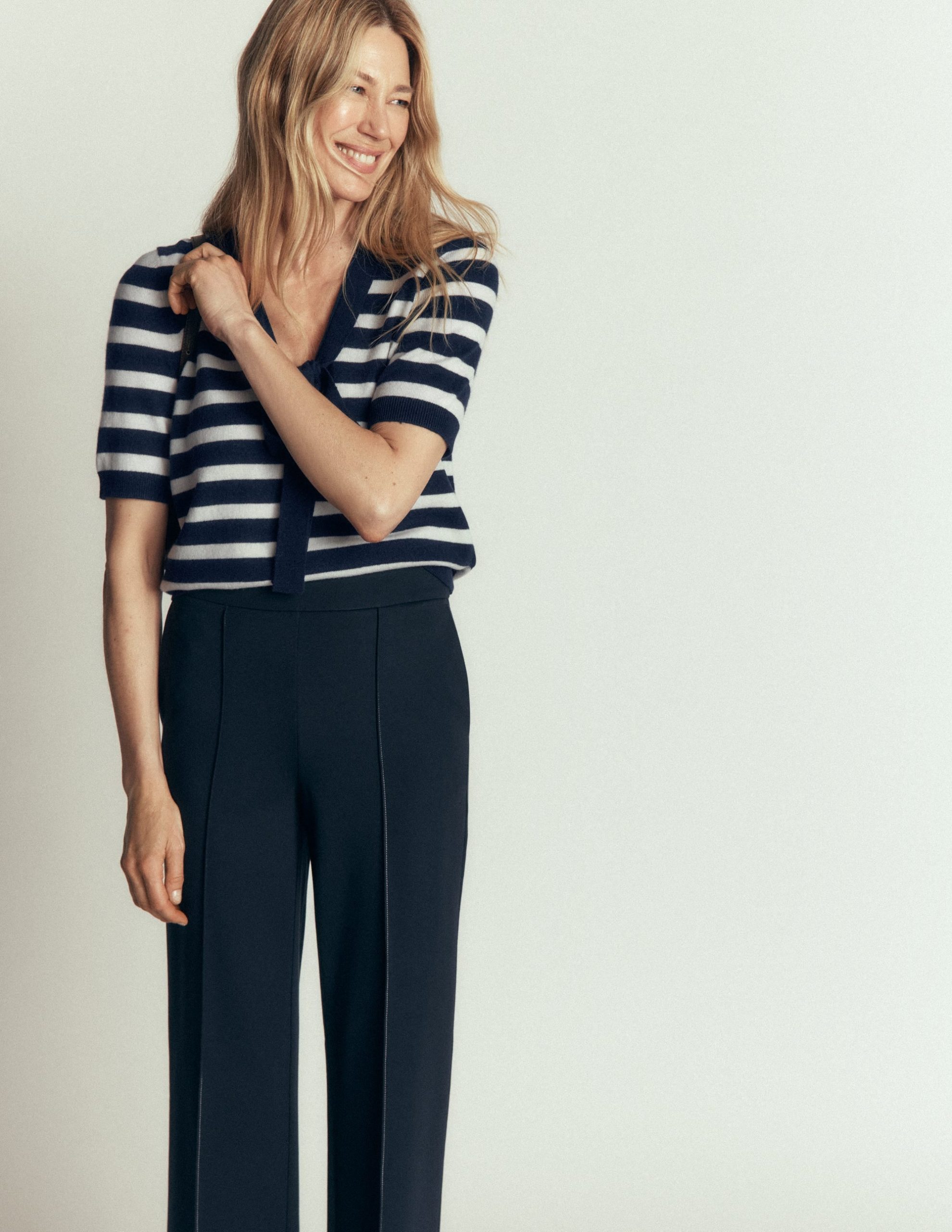 Bow Neck Knitted T-shirt-Navy. Ivory Stripe - Image 5