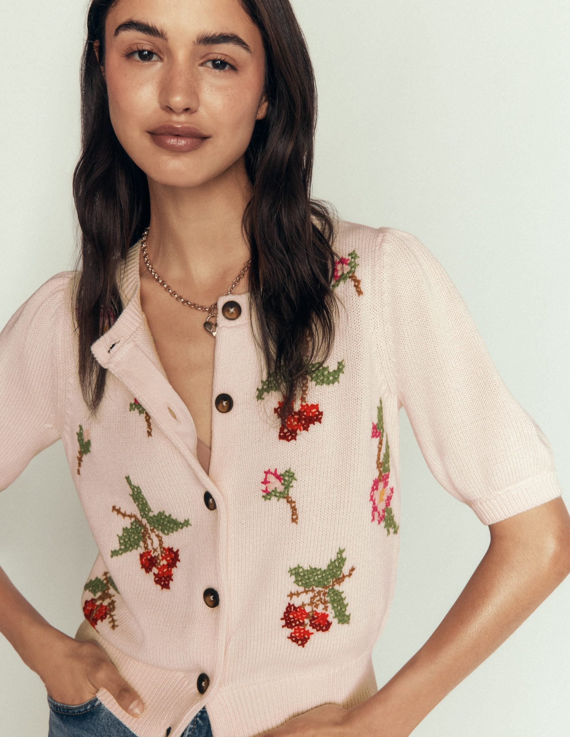 Puff Sleeve Cotton Cardigan-Warm Ivory. Embroidered - Image 2