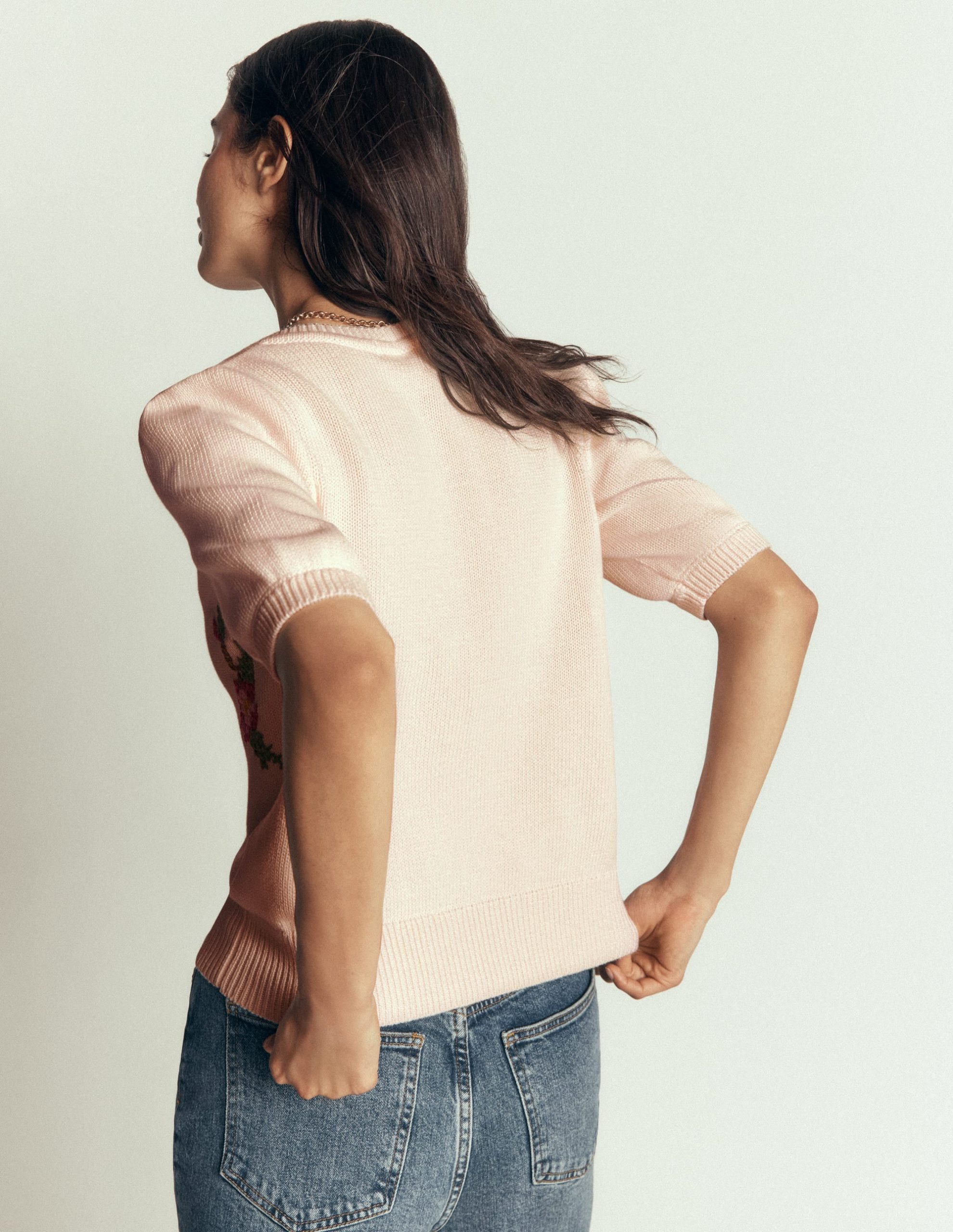 Puff Sleeve Cotton Cardigan-Warm Ivory. Embroidered - Image 3