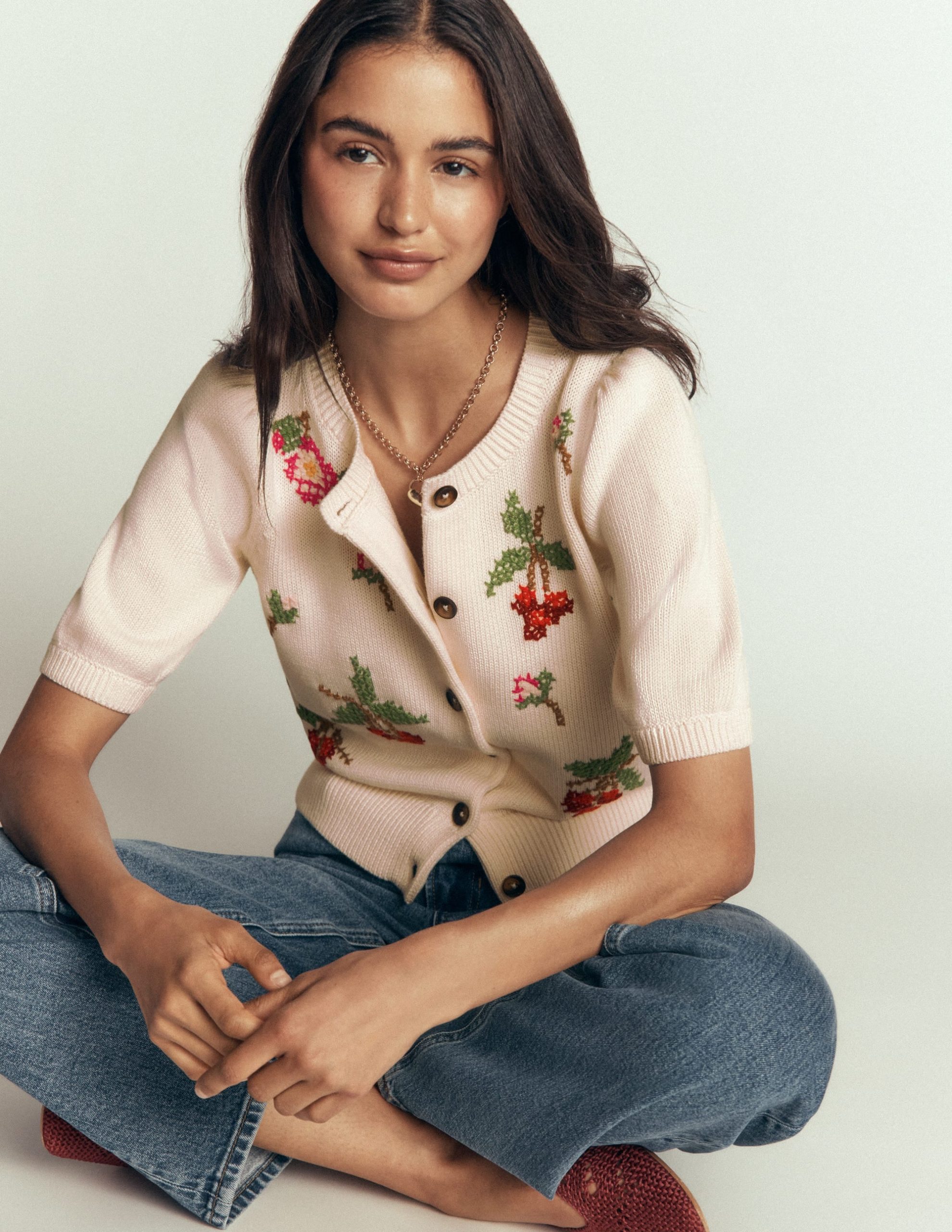 Puff Sleeve Cotton Cardigan-Warm Ivory. Embroidered - Image 4
