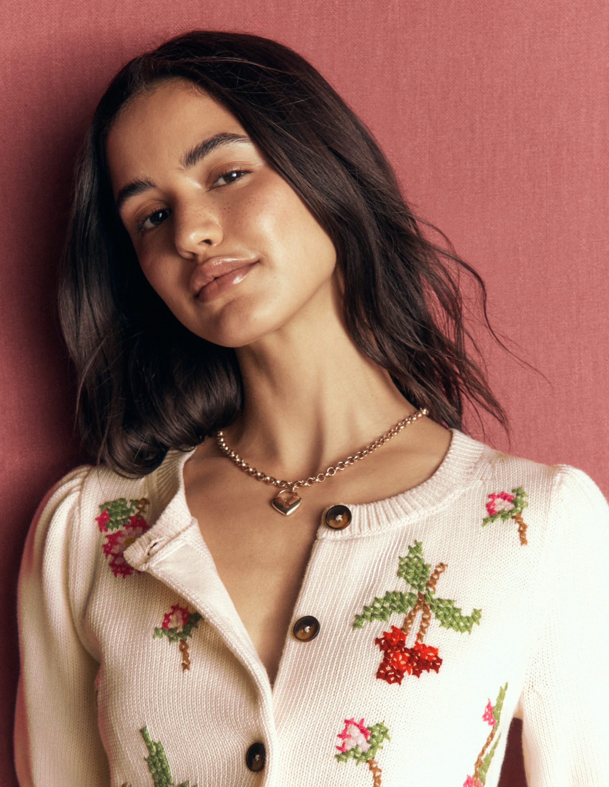 Puff Sleeve Cotton Cardigan-Warm Ivory. Embroidered - Image 5