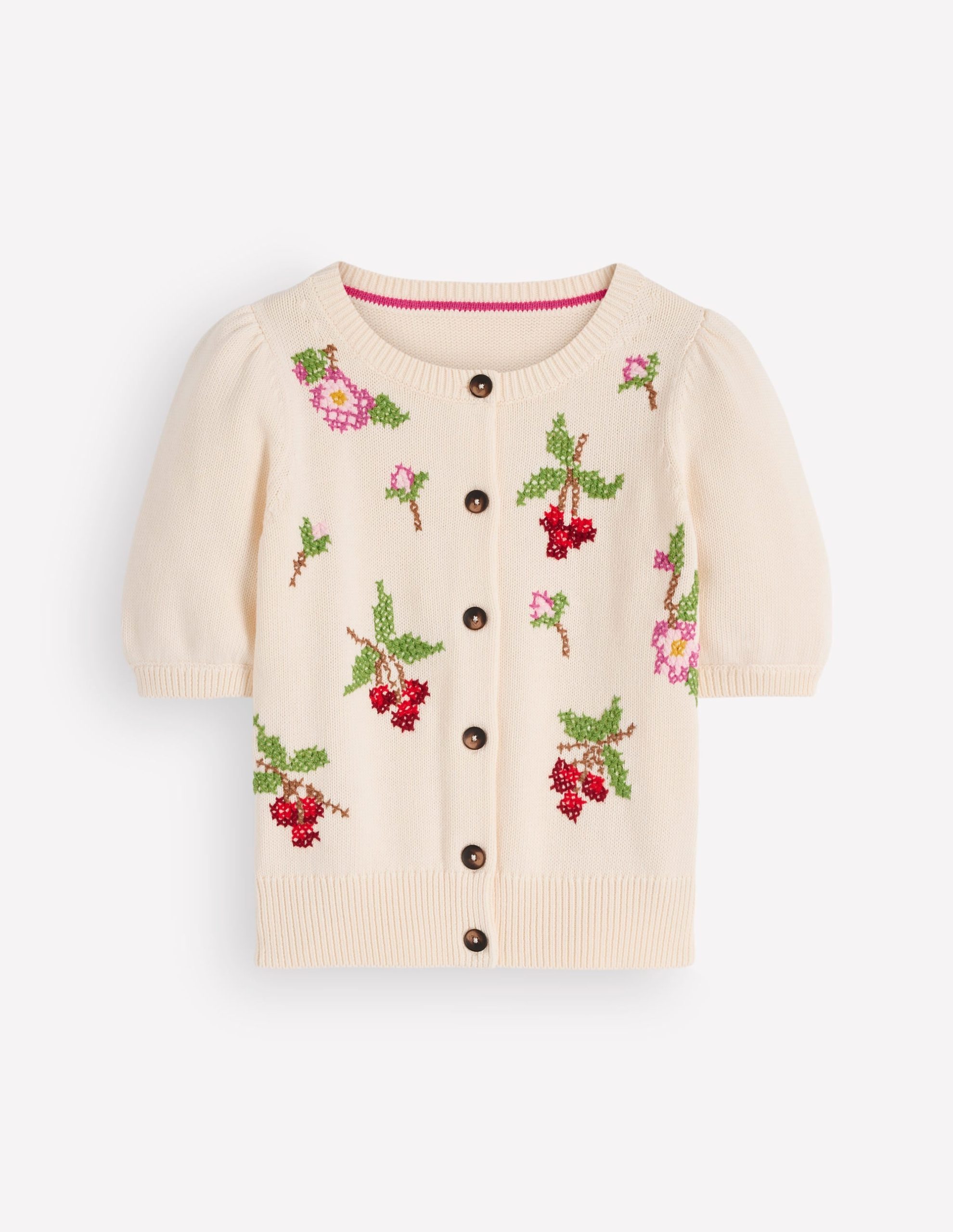 Puff Sleeve Cotton Cardigan-Warm Ivory. Embroidered - Image 6