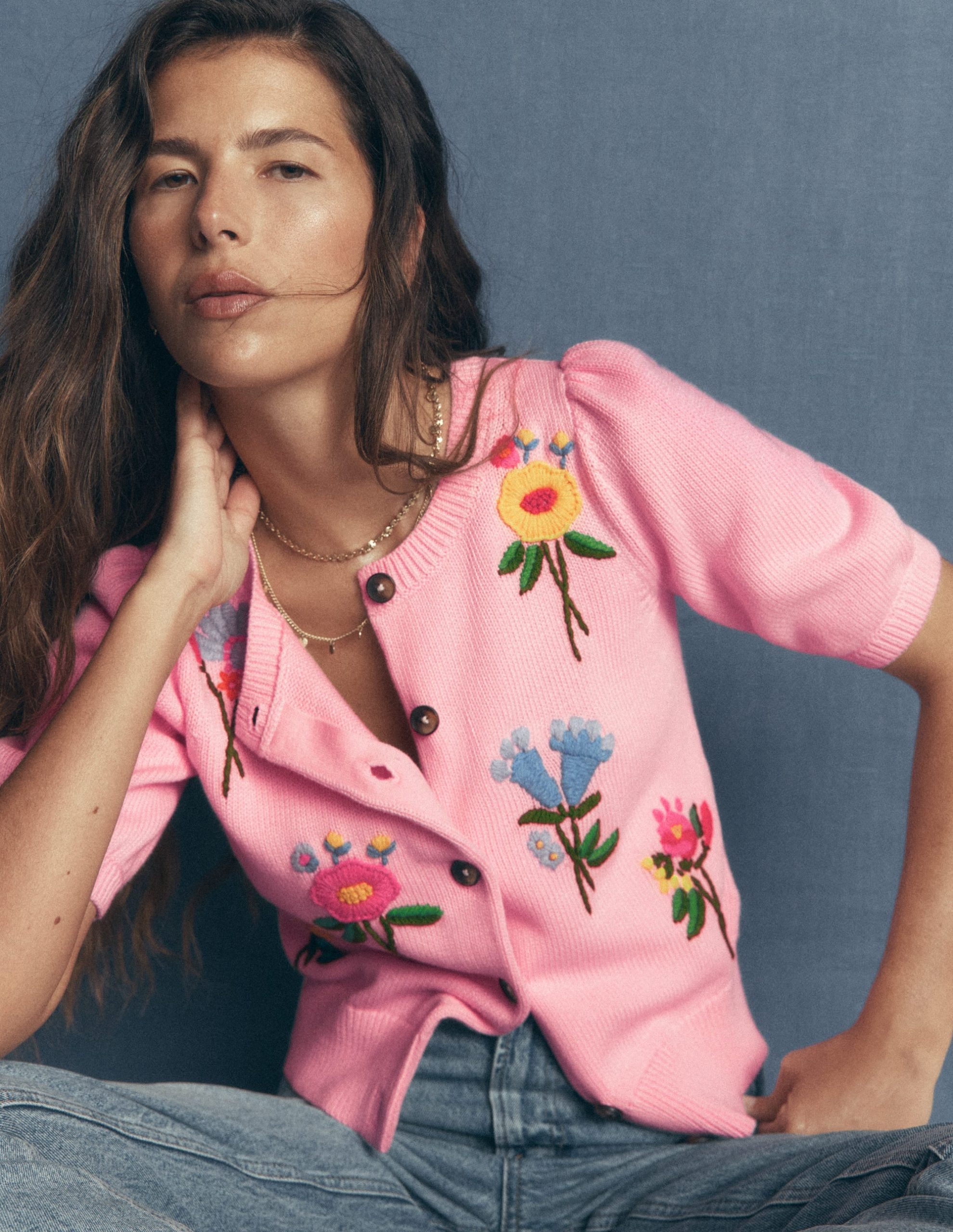 Puff Sleeve Cotton Cardigan-Blossom Pink. Embroidered - Image 2