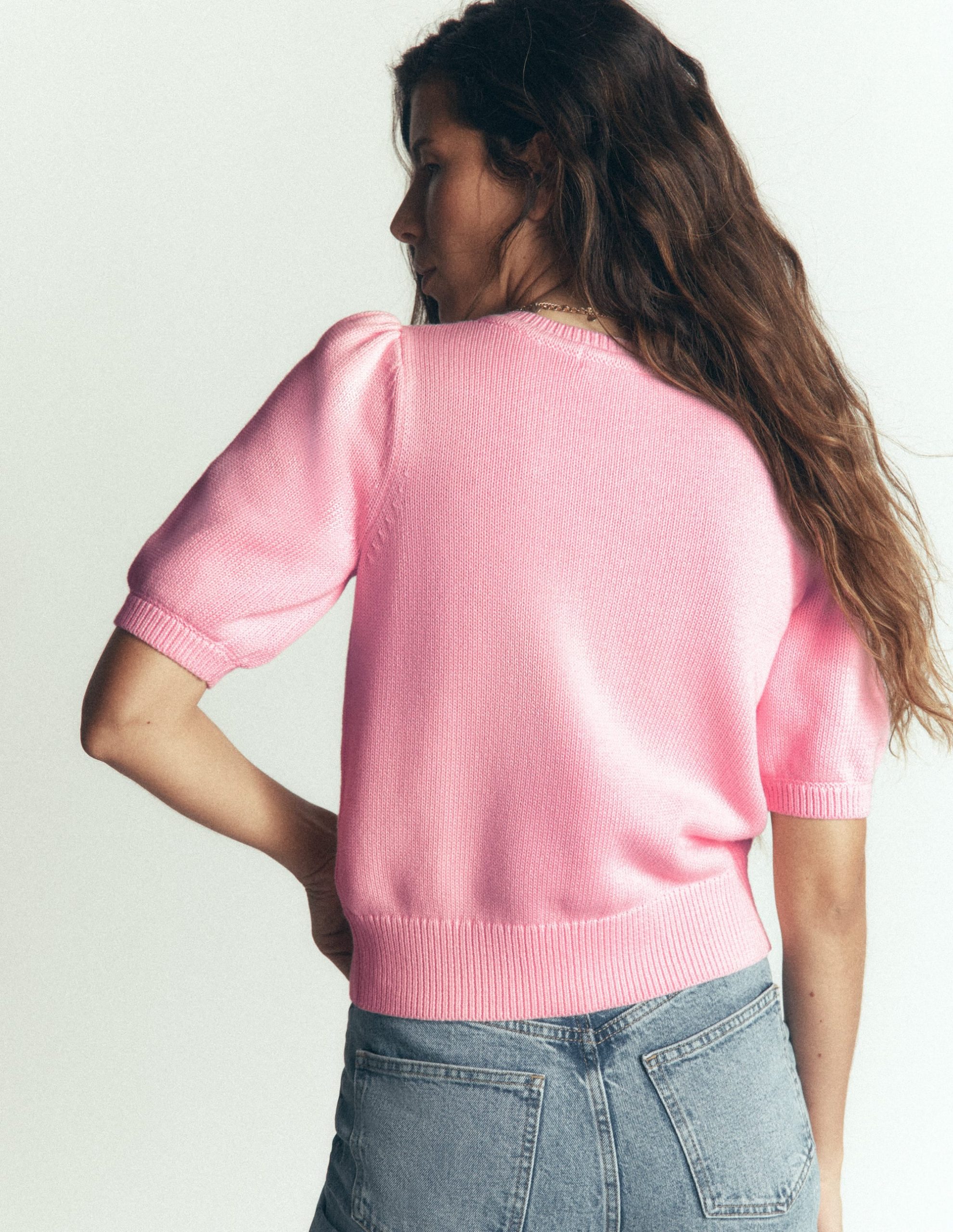 Puff Sleeve Cotton Cardigan-Blossom Pink. Embroidered - Image 4