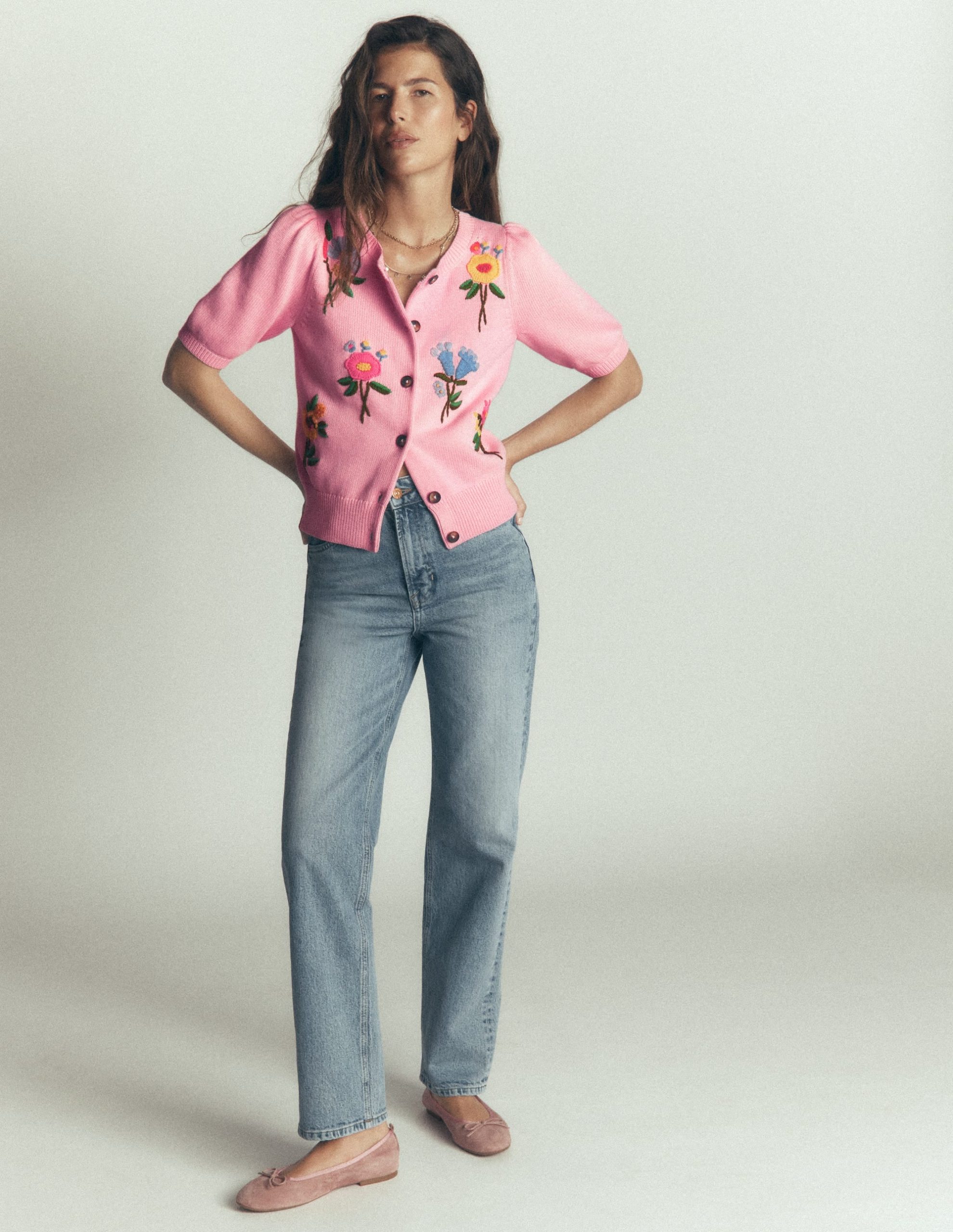 Puff Sleeve Cotton Cardigan-Blossom Pink. Embroidered - Image 5