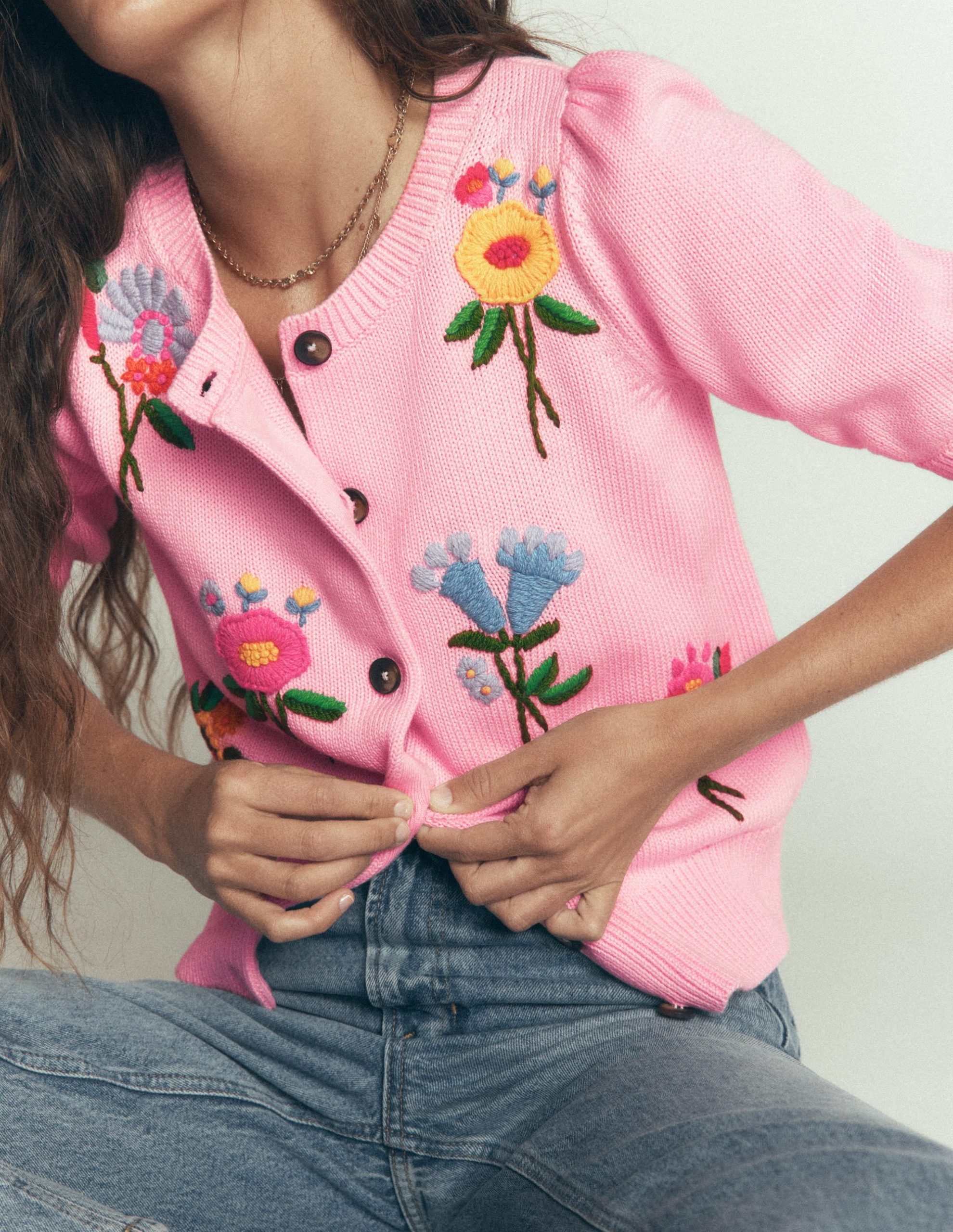 Puff Sleeve Cotton Cardigan-Blossom Pink. Embroidered - Image 7