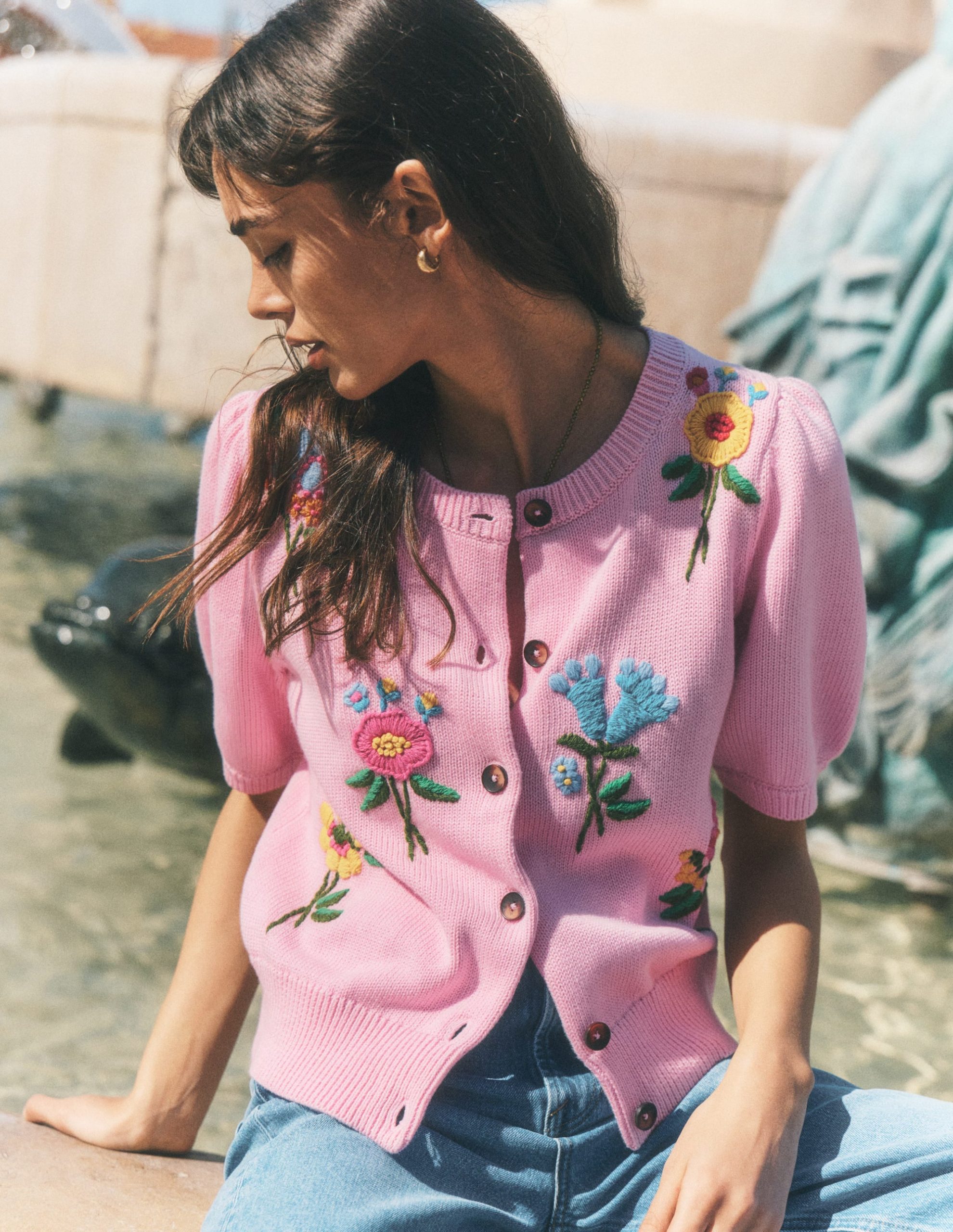 Puff Sleeve Cotton Cardigan-Blossom Pink. Embroidered