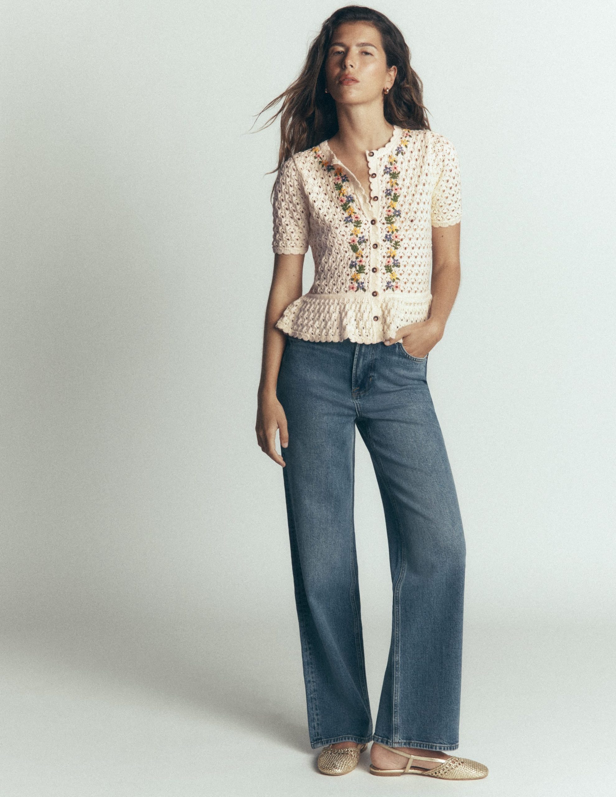 Embroidered Pointelle Cardigan-Ivory Embroidered - Image 4