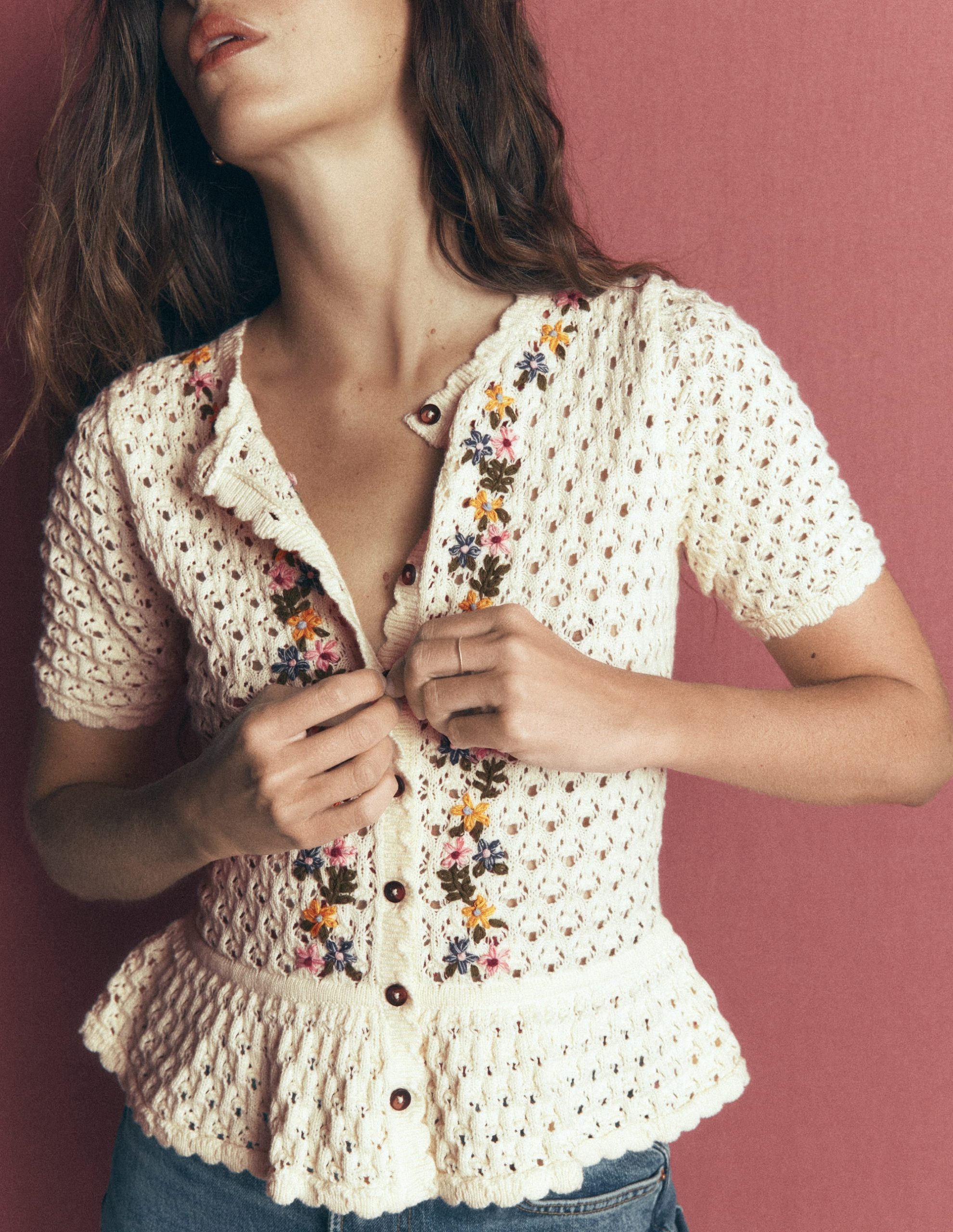Embroidered Pointelle Cardigan-Ivory Embroidered - Image 6