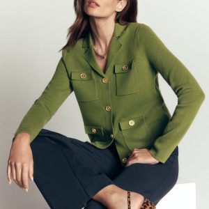 Phoebe Collared Knitted Jacket-Forest Green