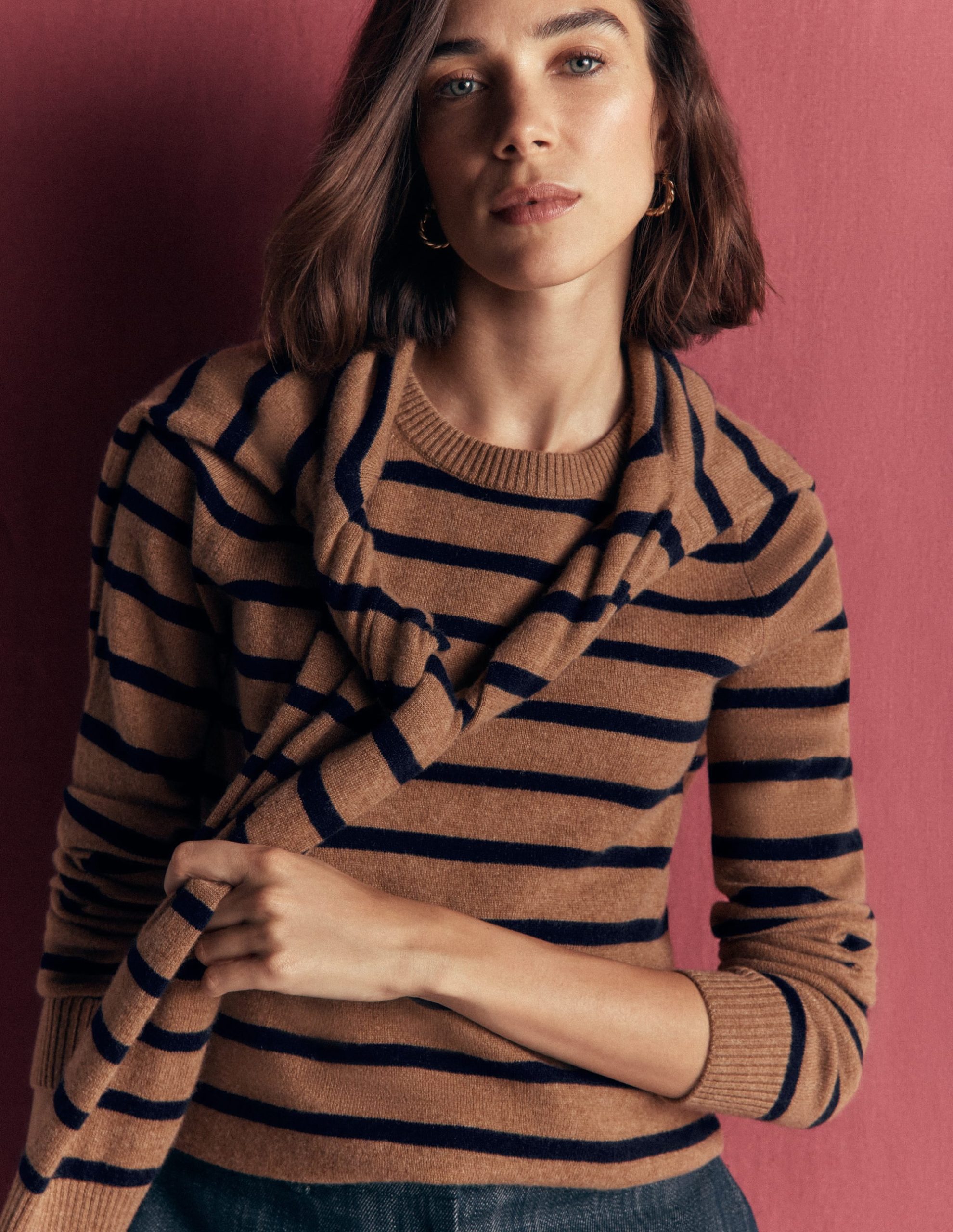 Elsie Cashmere Crew Sweater-Warm Ginger. Stripe