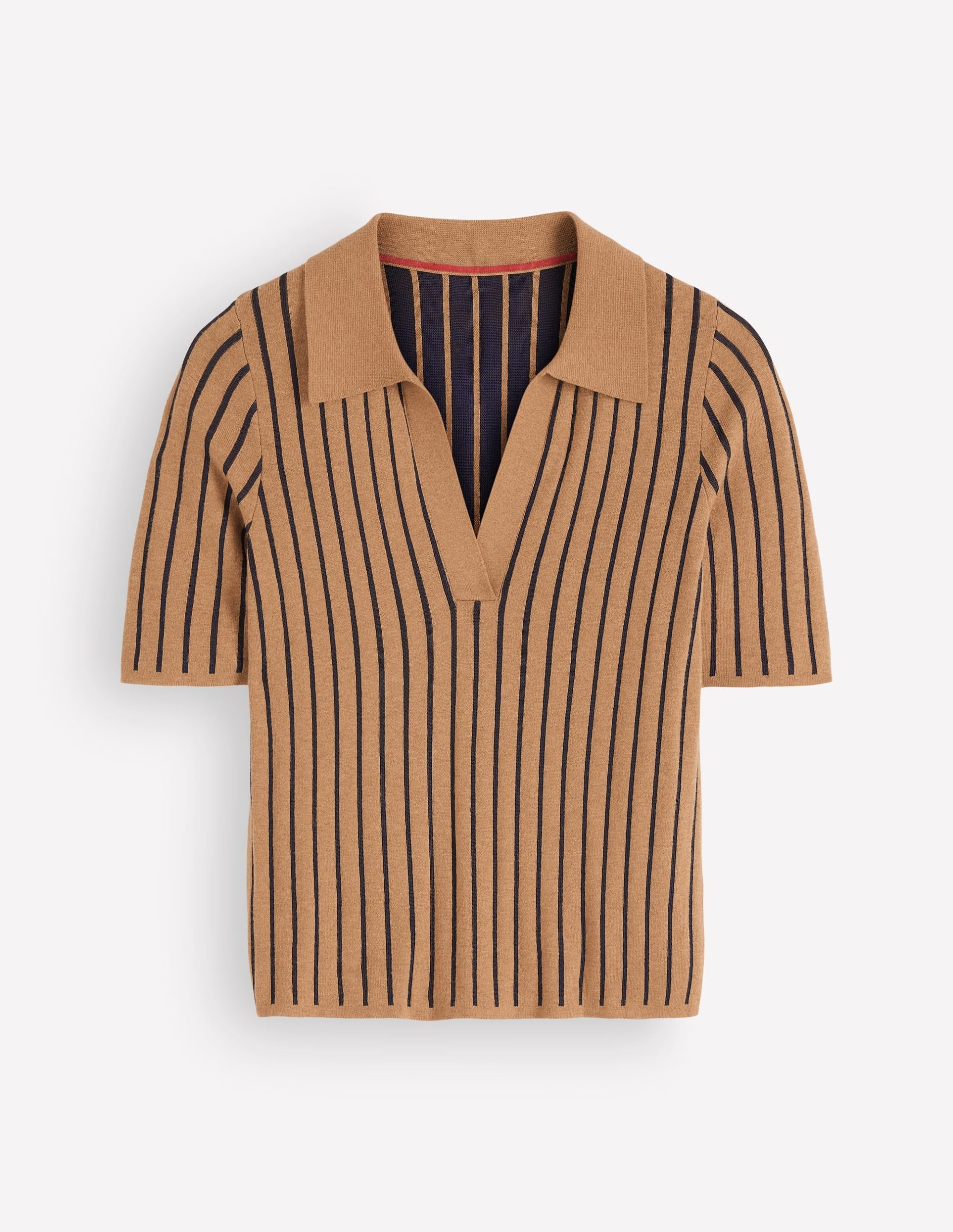 Knitted Henley T-Shirt-Camel. Navy Stripe - Image 4