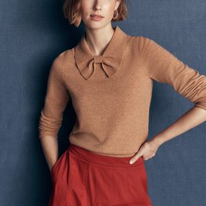 Bow Neck Knitted Sweater-Camel Melange