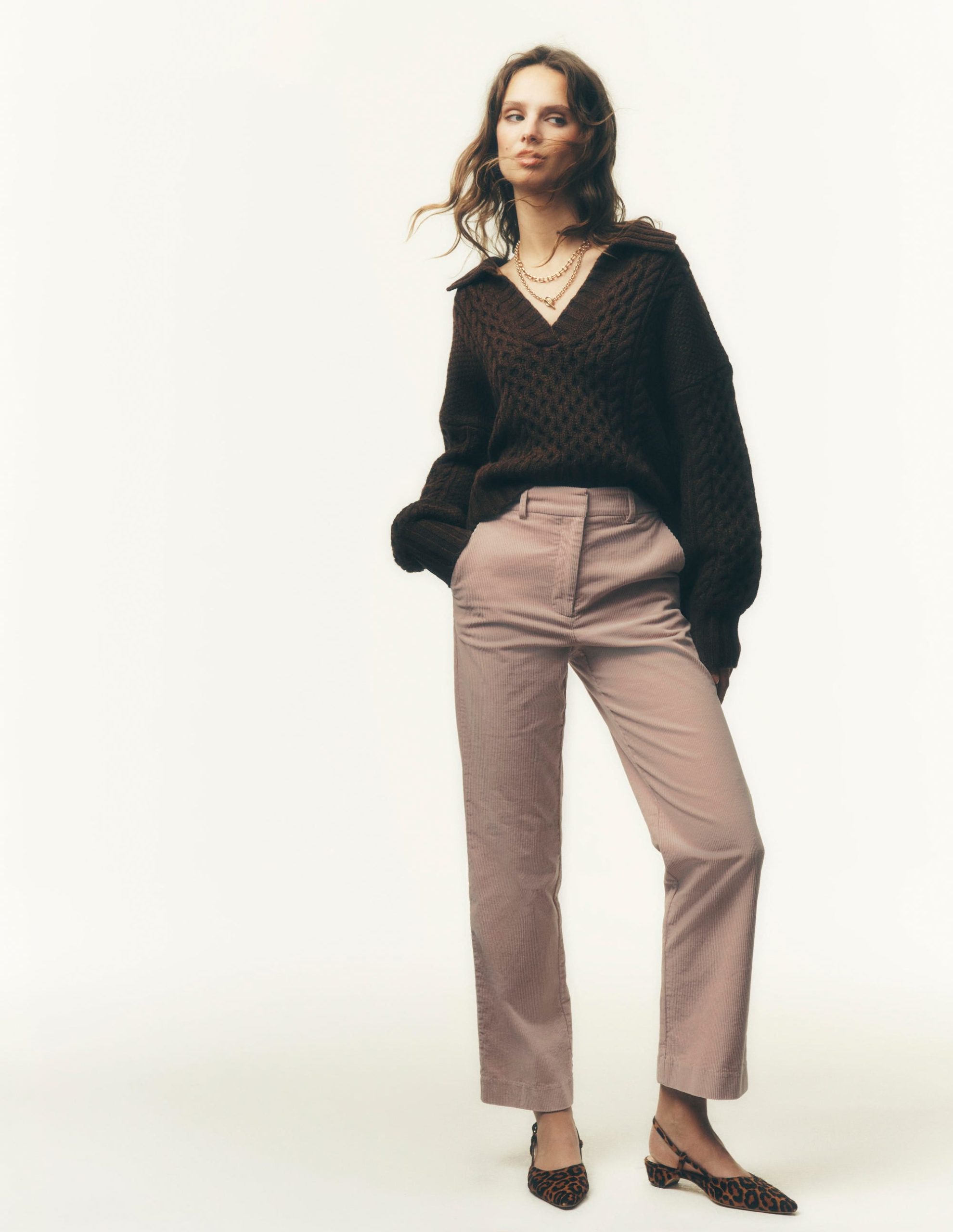 Collared Cable Knit Sweater-Raw Umber