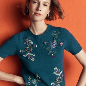 Ria Embellished Knit T-Shirt-Deep Aurora Blue