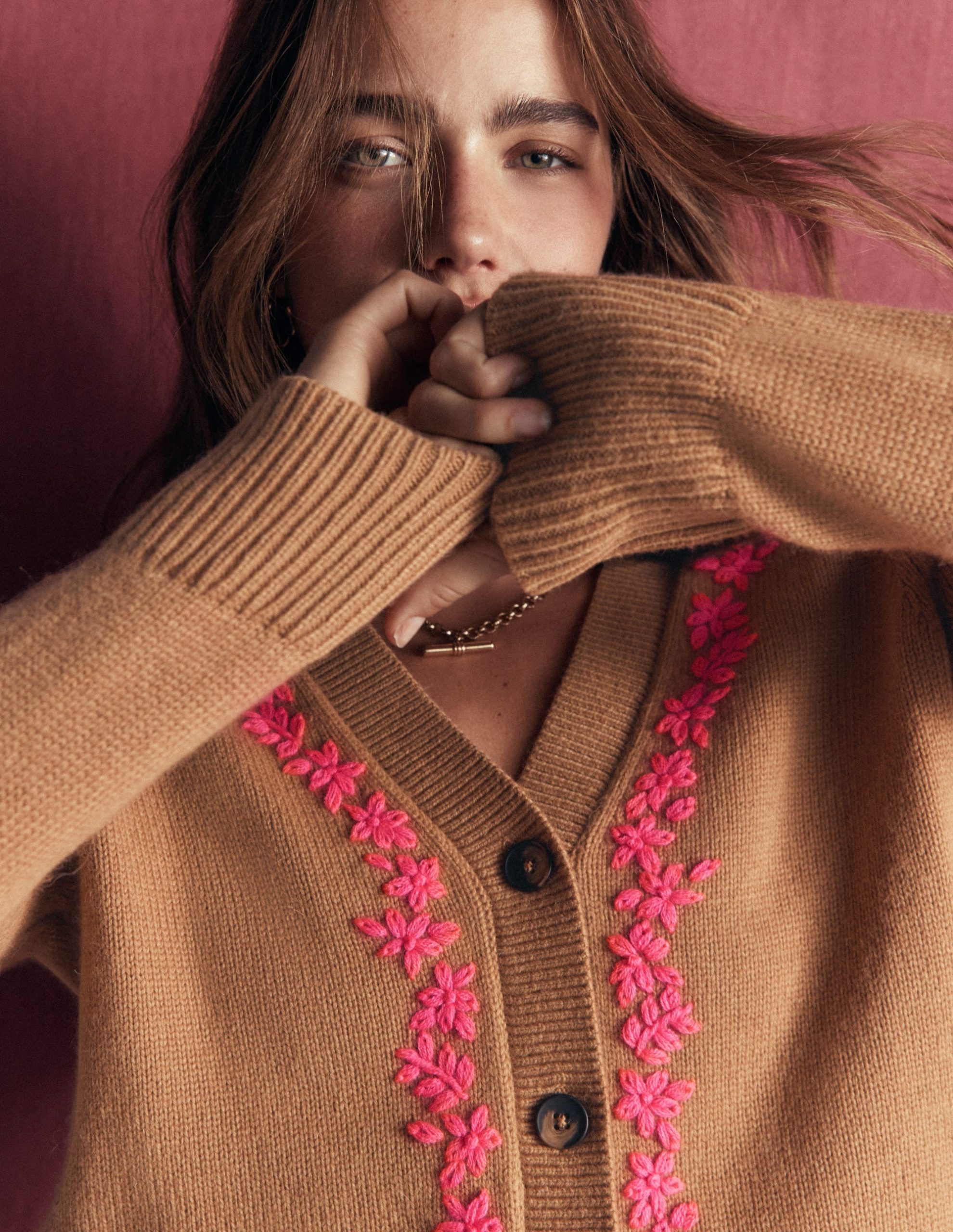 Ella Embroidered Knit Cardigan-Camel. Embroidery - Image 3