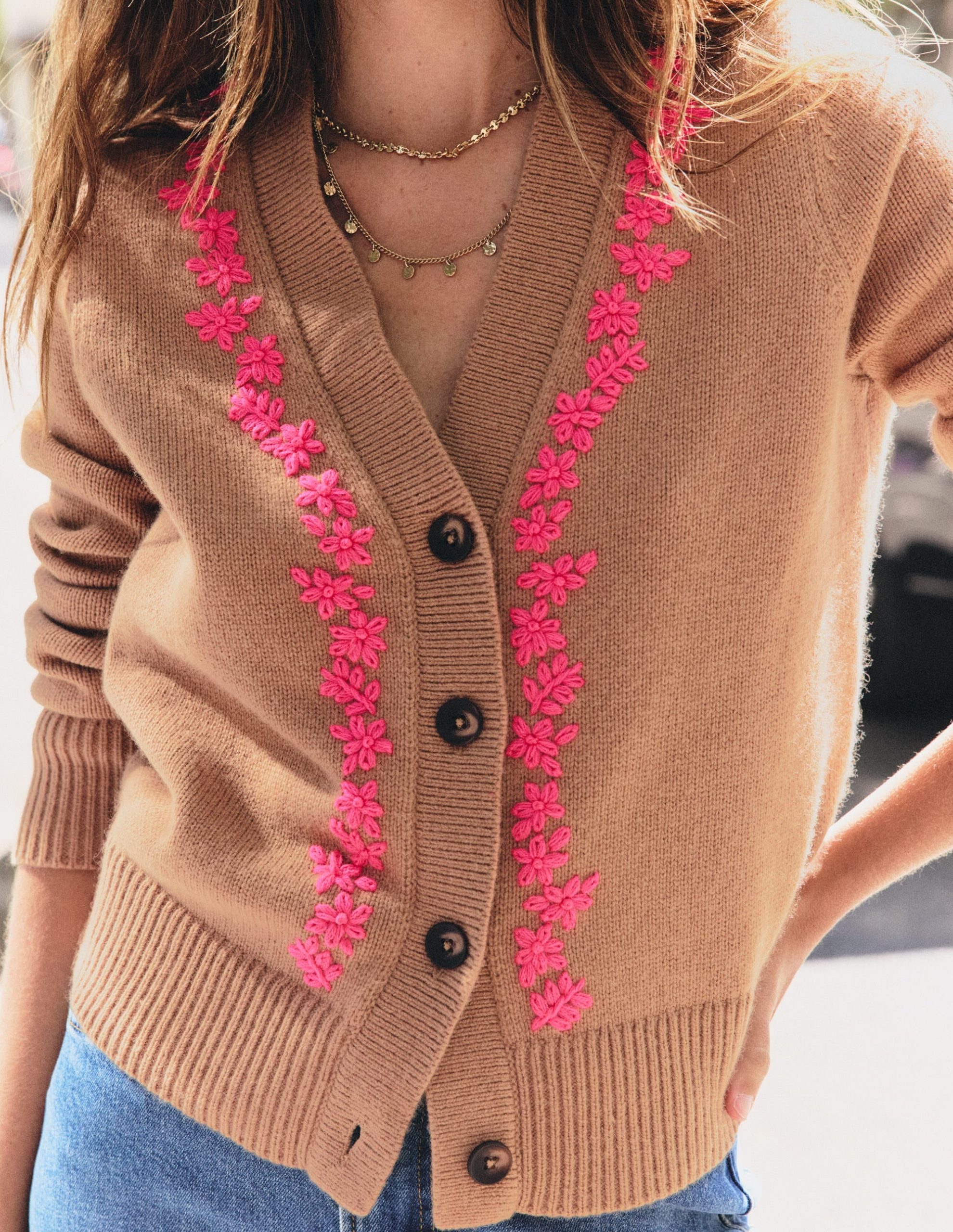 Ella Embroidered Knit Cardigan-Camel. Embroidery - Image 4