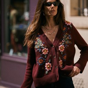 Ella Embroidered Knit Cardigan-Dark Cherry. Embroidery