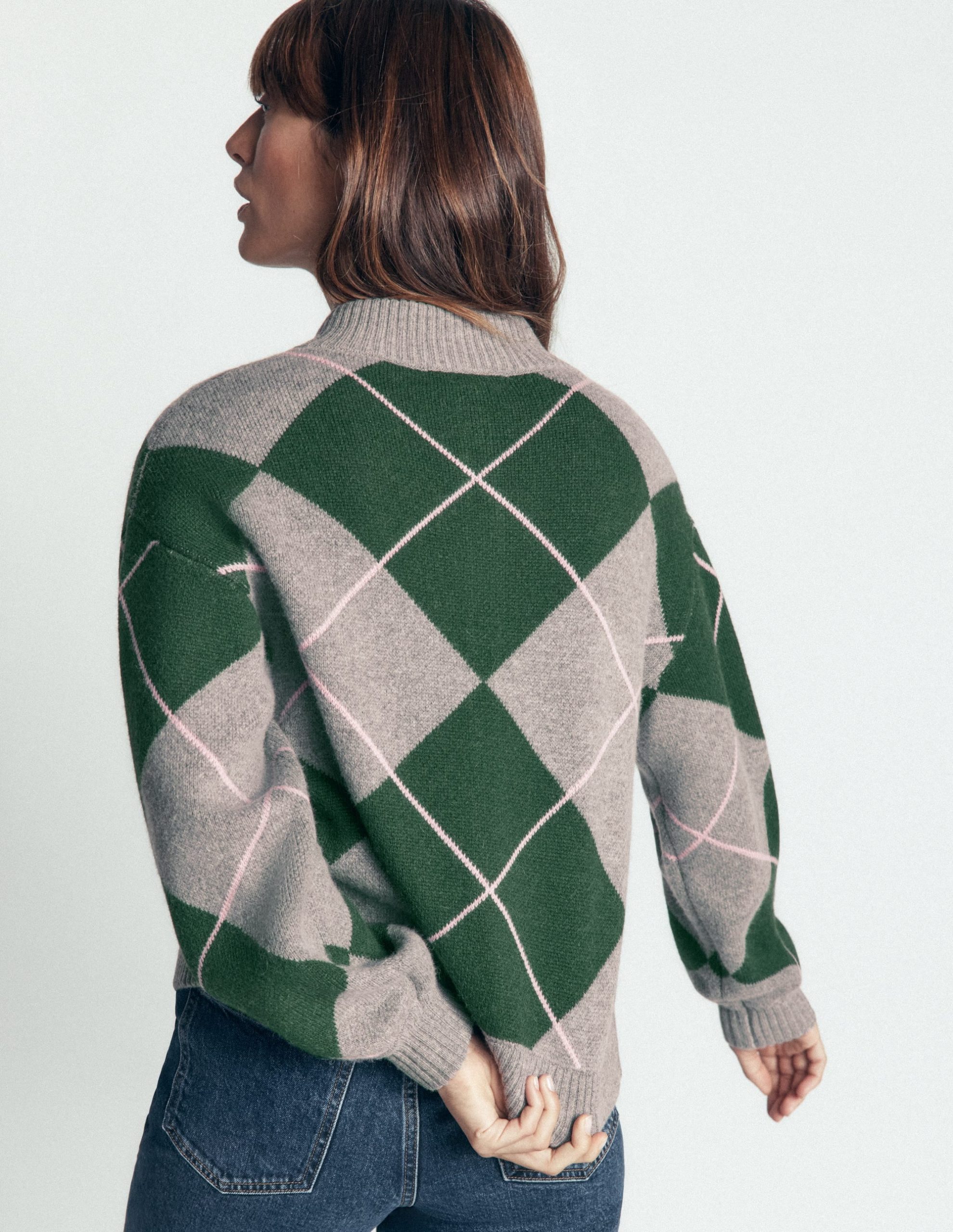 Jemma Jacquard Knit Cardigan-Hunter Green Argyle - Image 3