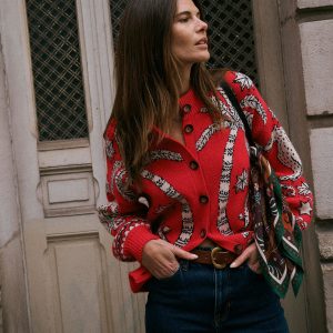 Jemma Jacquard Knit Cardigan-Merida Red Palm Tree
