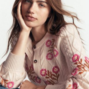 Cable Knitted Cardigan-Ecru Marl. Embroidery