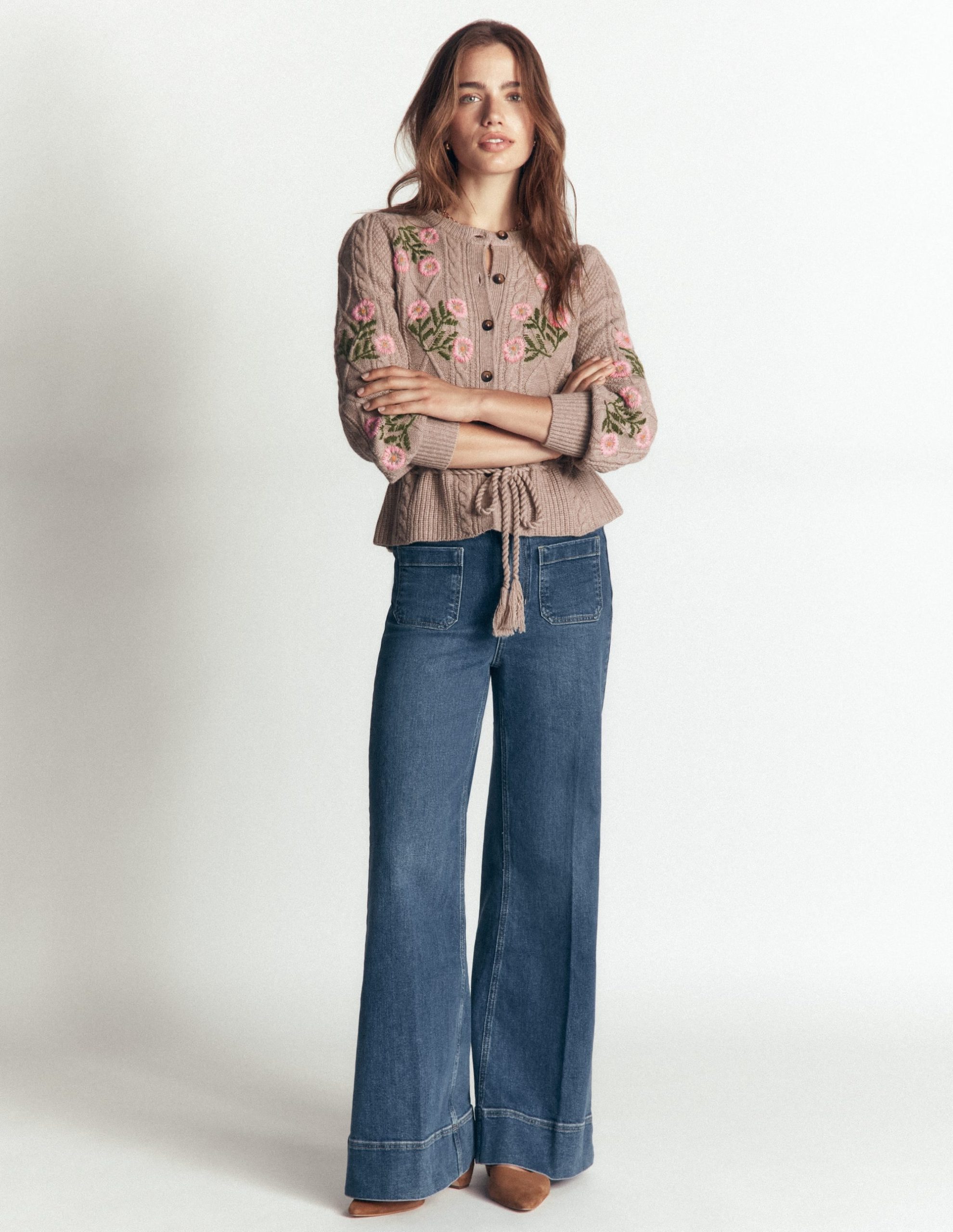 Cable Knitted Cardigan-Mink Melange. Embroidery - Image 3