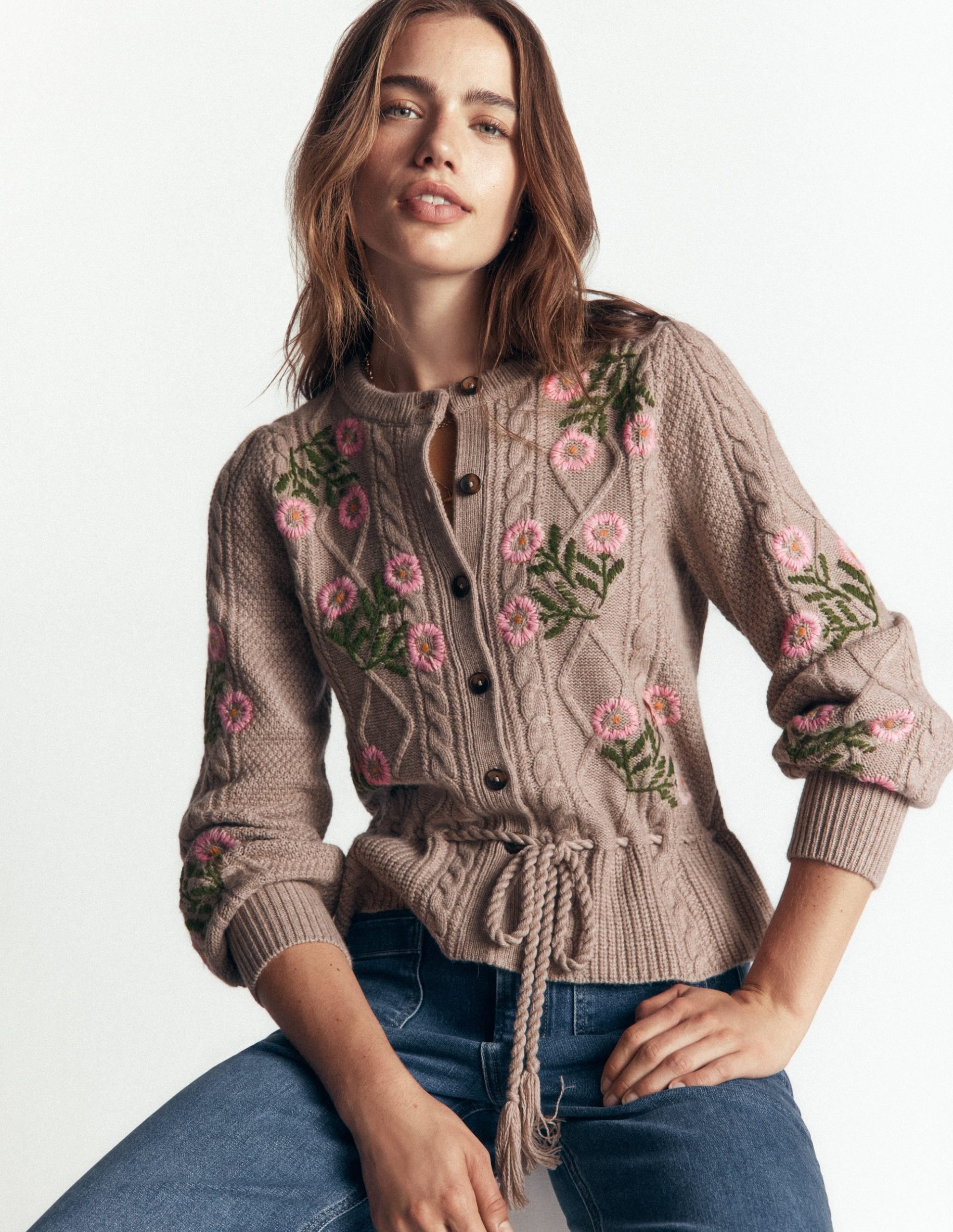 Cable Knitted Cardigan-Mink Melange. Embroidery - Image 5