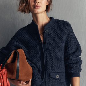 Textured Knitted Bomber Jacket-Navy