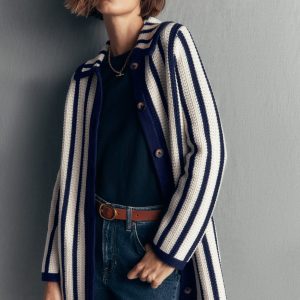 Longline Knitted Coatigan-Ivory. Navy Stripe
