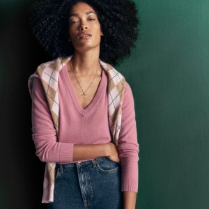 Elsie Cashmere V Neck Sweater-Pink Heather