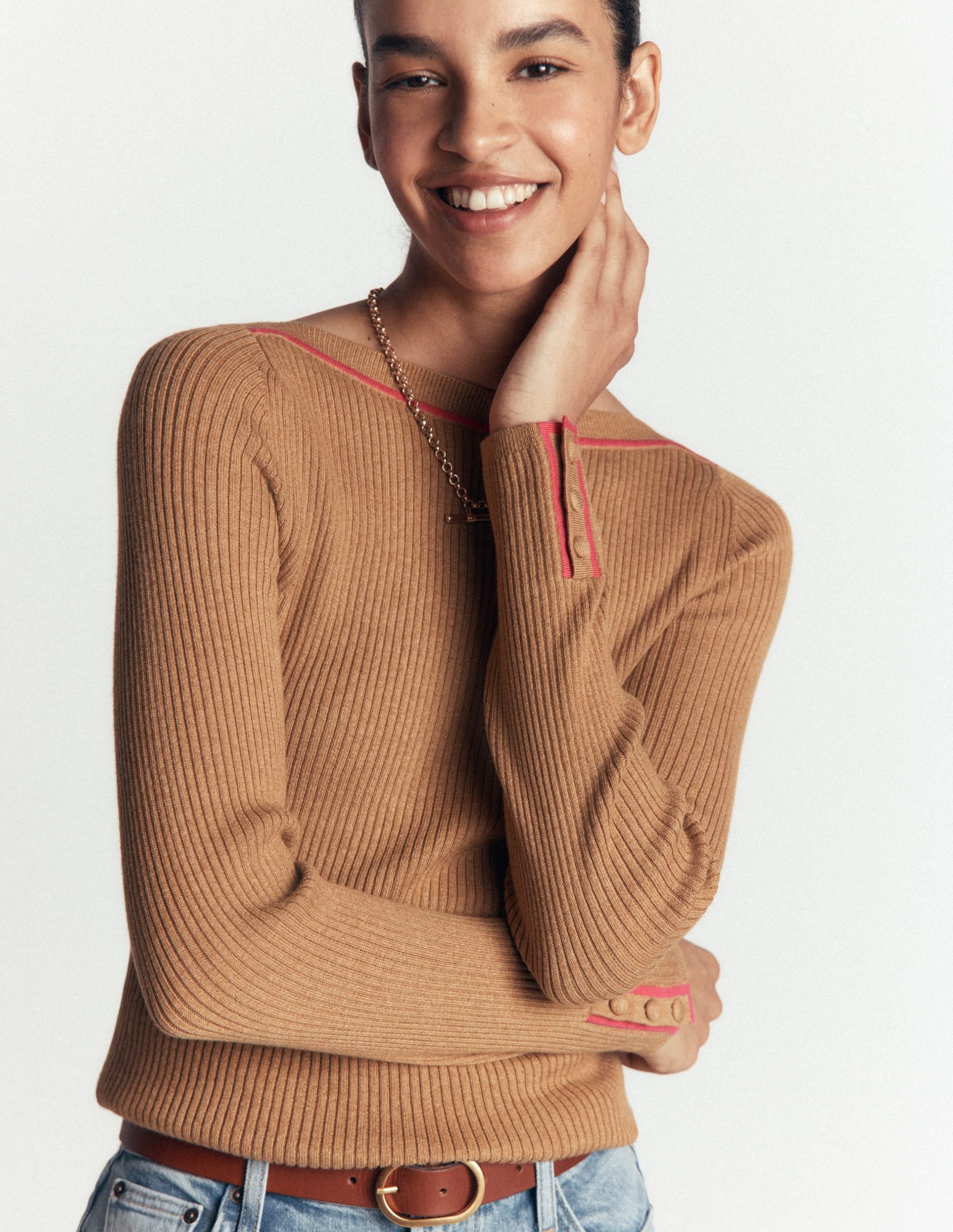 Paula Ribbed Boatneck Jumper-Camel - Image 2