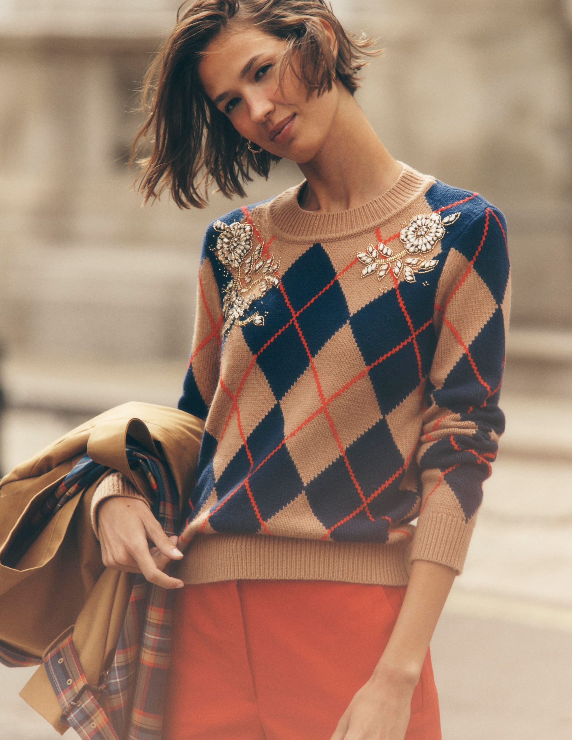 Embellished Jacquard Sweater-Camel Melange Argyle
