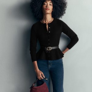 Fitted Wool Peplum Cardigan-Black