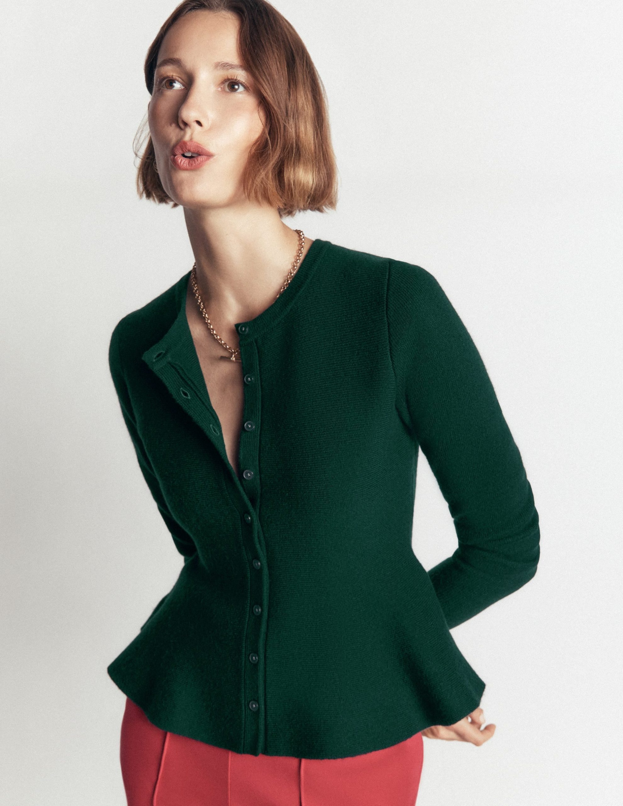 Fitted Wool Peplum Cardigan-Sea moss - Image 3