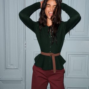 Fitted Wool Peplum Cardigan-Sea moss