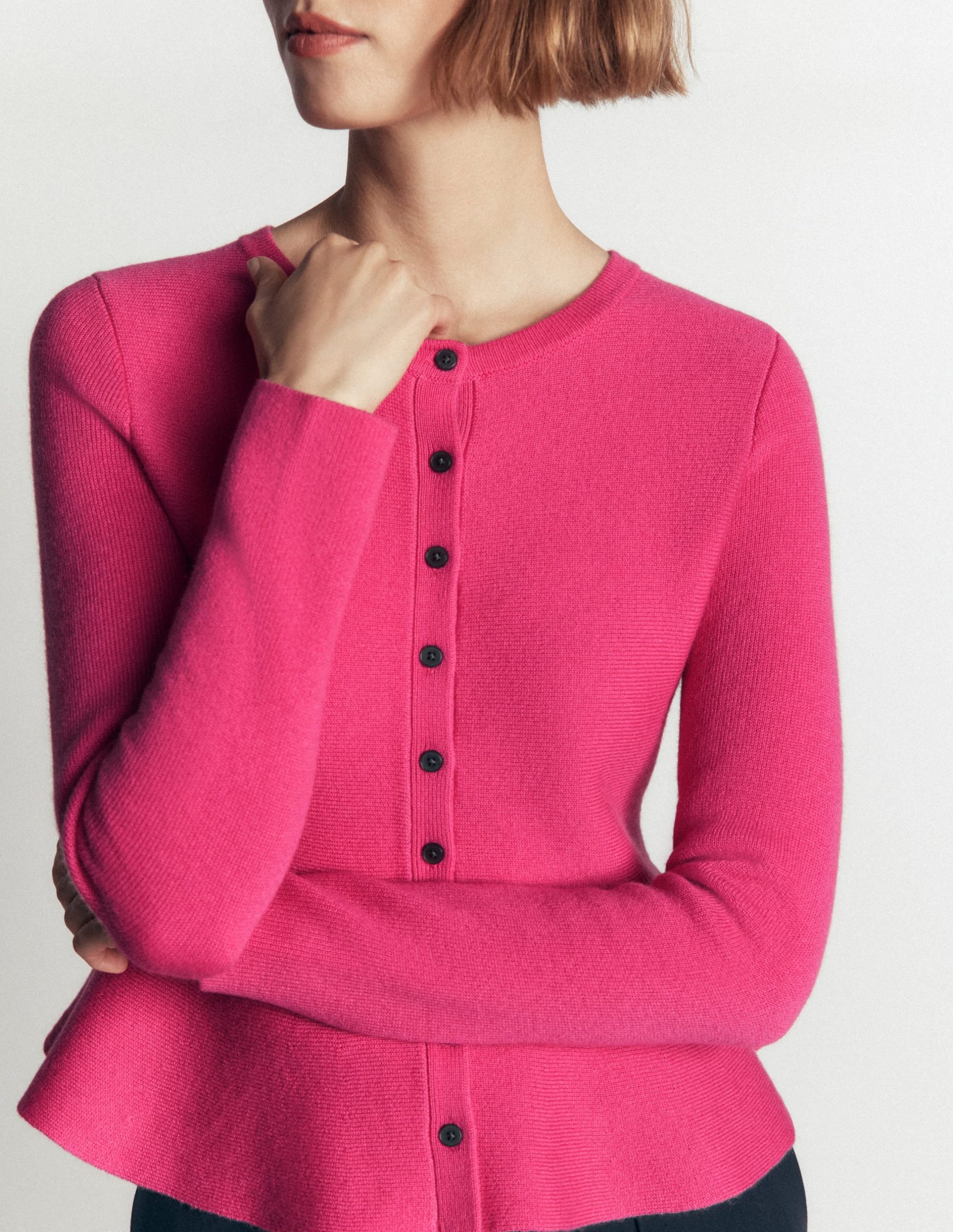Fitted Wool Peplum Cardigan-Pink - Image 2