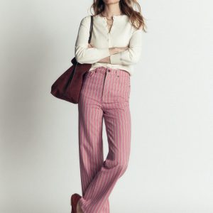 High Rise Column Leg Jeans-Pink. Maroon Tram Stripe