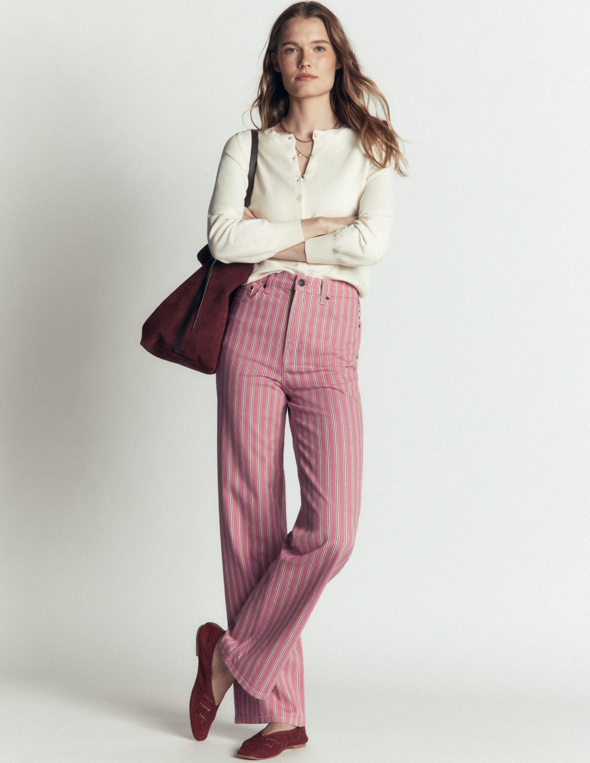 High Rise Column Leg Jeans-Pink. Maroon Tram Stripe