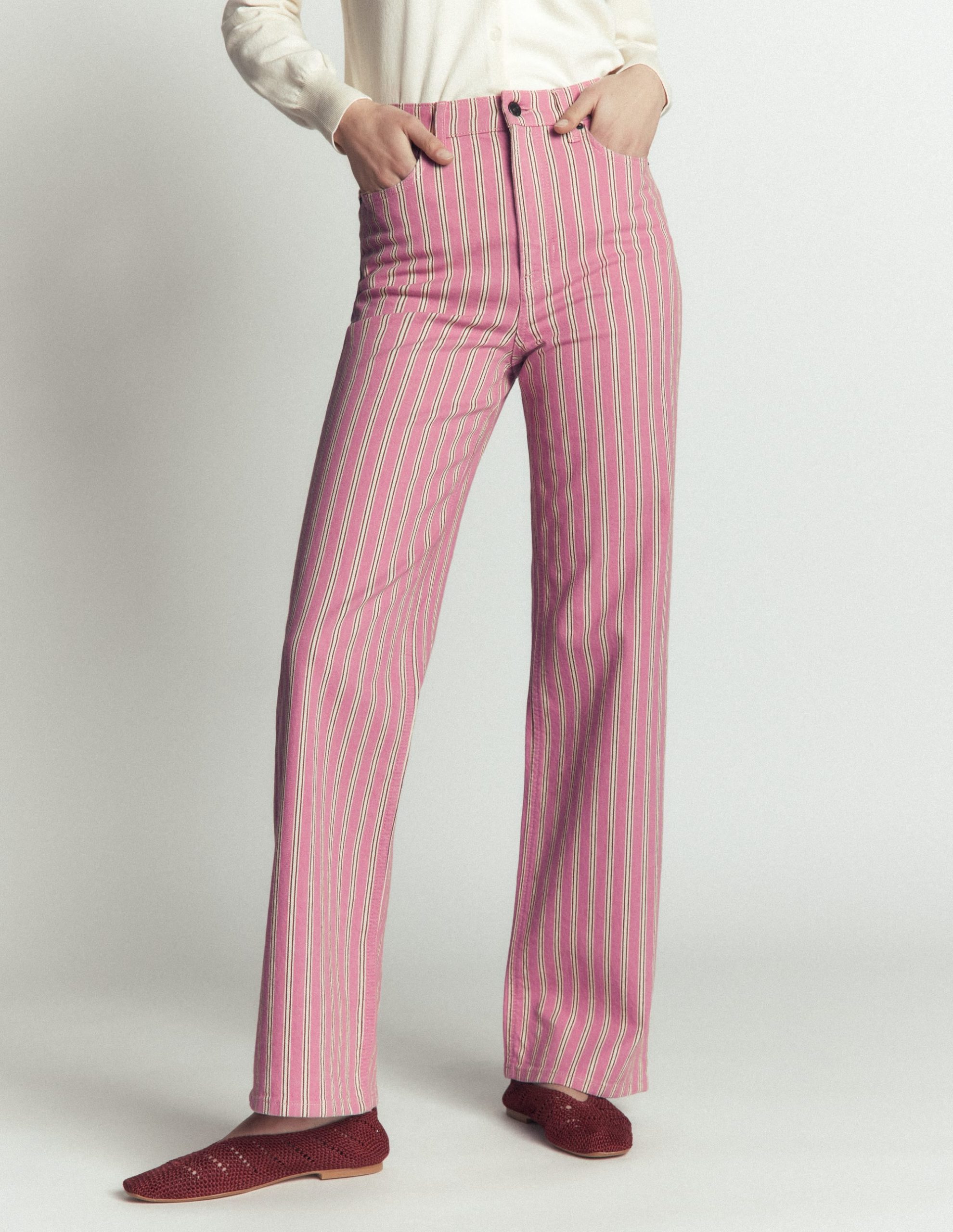 High Rise Column Leg Jeans-Pink. Maroon Tram Stripe - Image 4