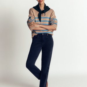 High Rise Cord Slim Jeans-Navy