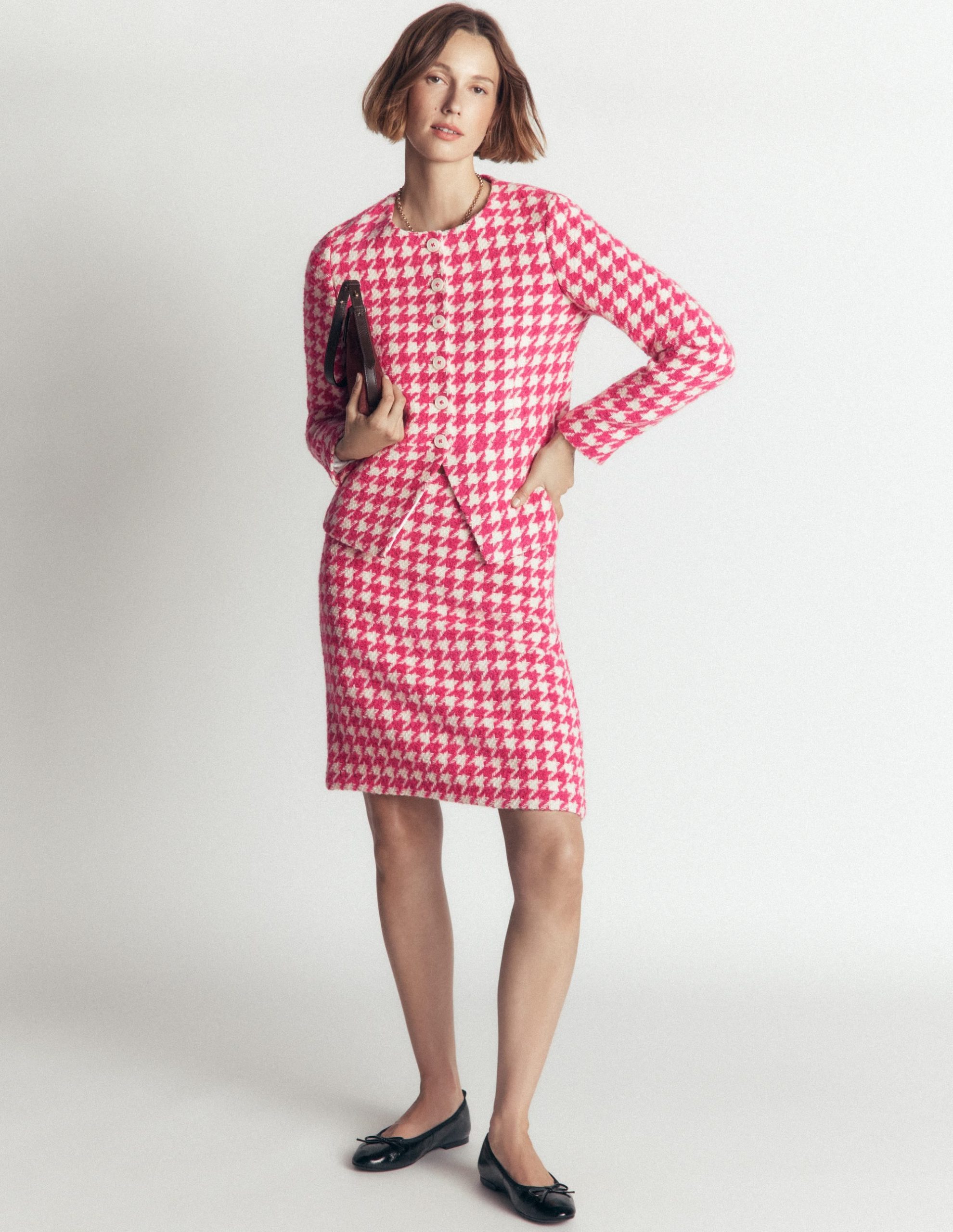 Wool Blend A-Line Skirt-Pink Dogstooth - Image 5