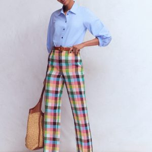 Canonbury 7/8 Linen Pants-Soft Yellow. Pink Multigingham