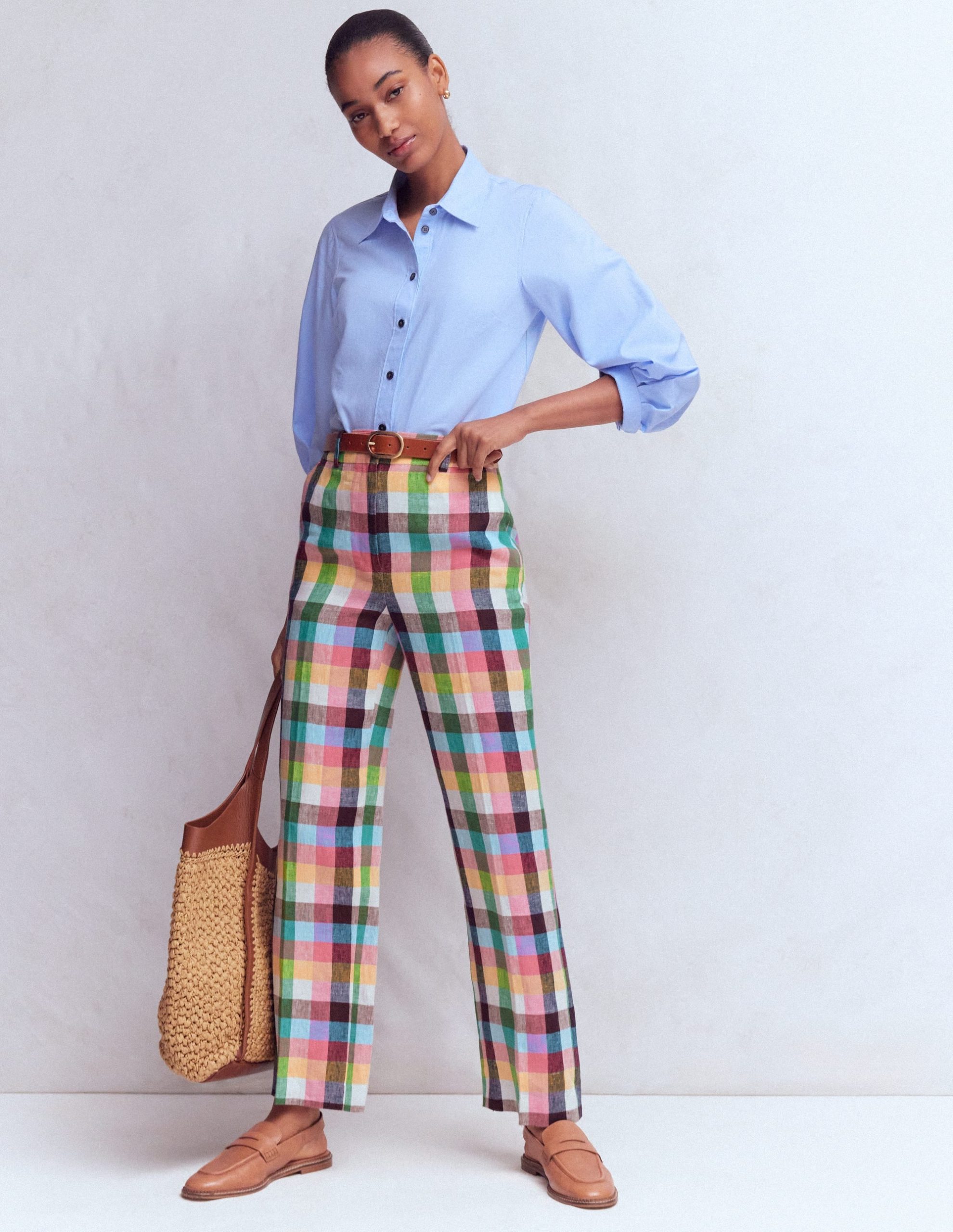 Canonbury 7/8 Linen Pants-Soft Yellow. Pink Multigingham