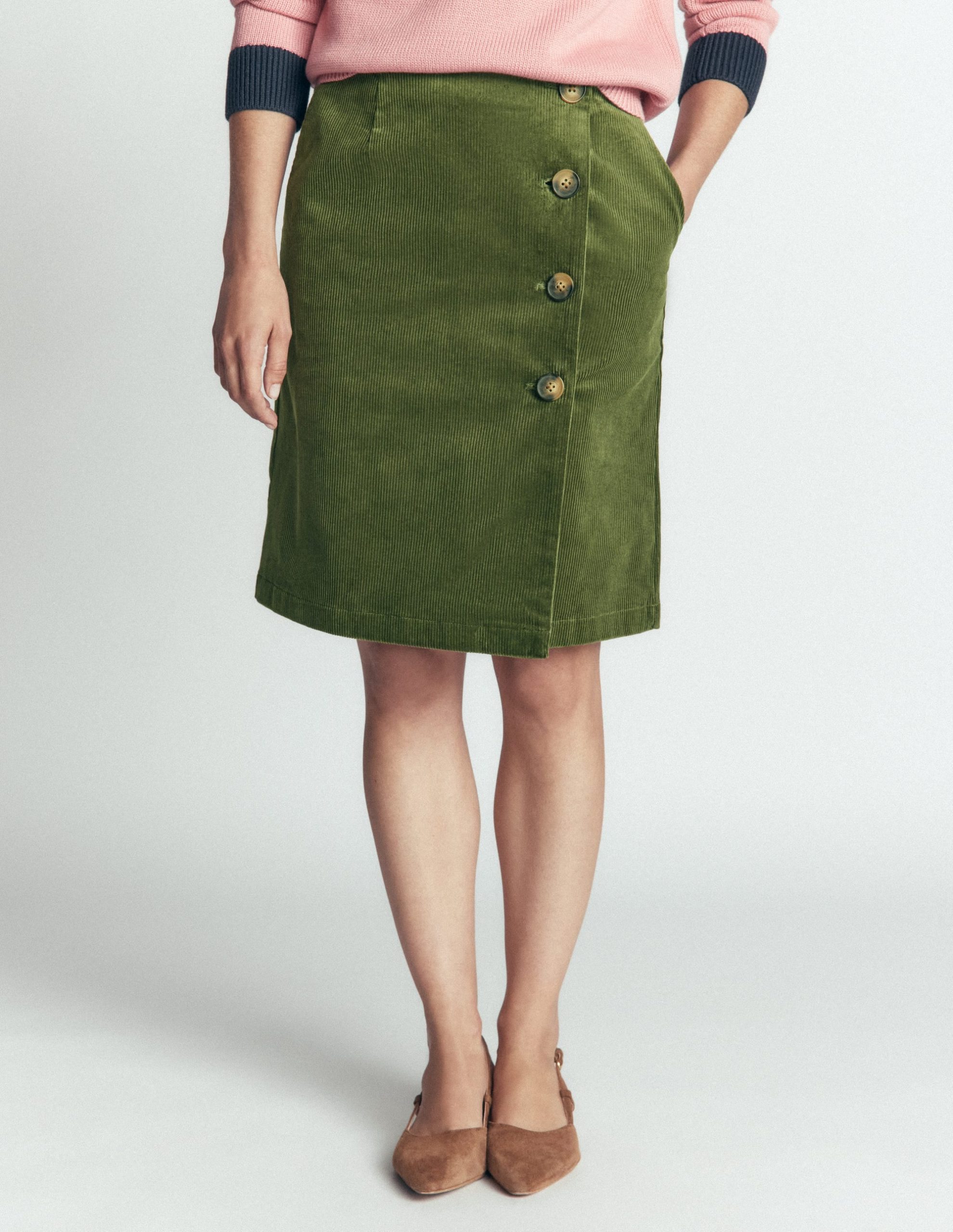 Evelyn Button Cord Wrap Skirt-Forest Green - Image 4