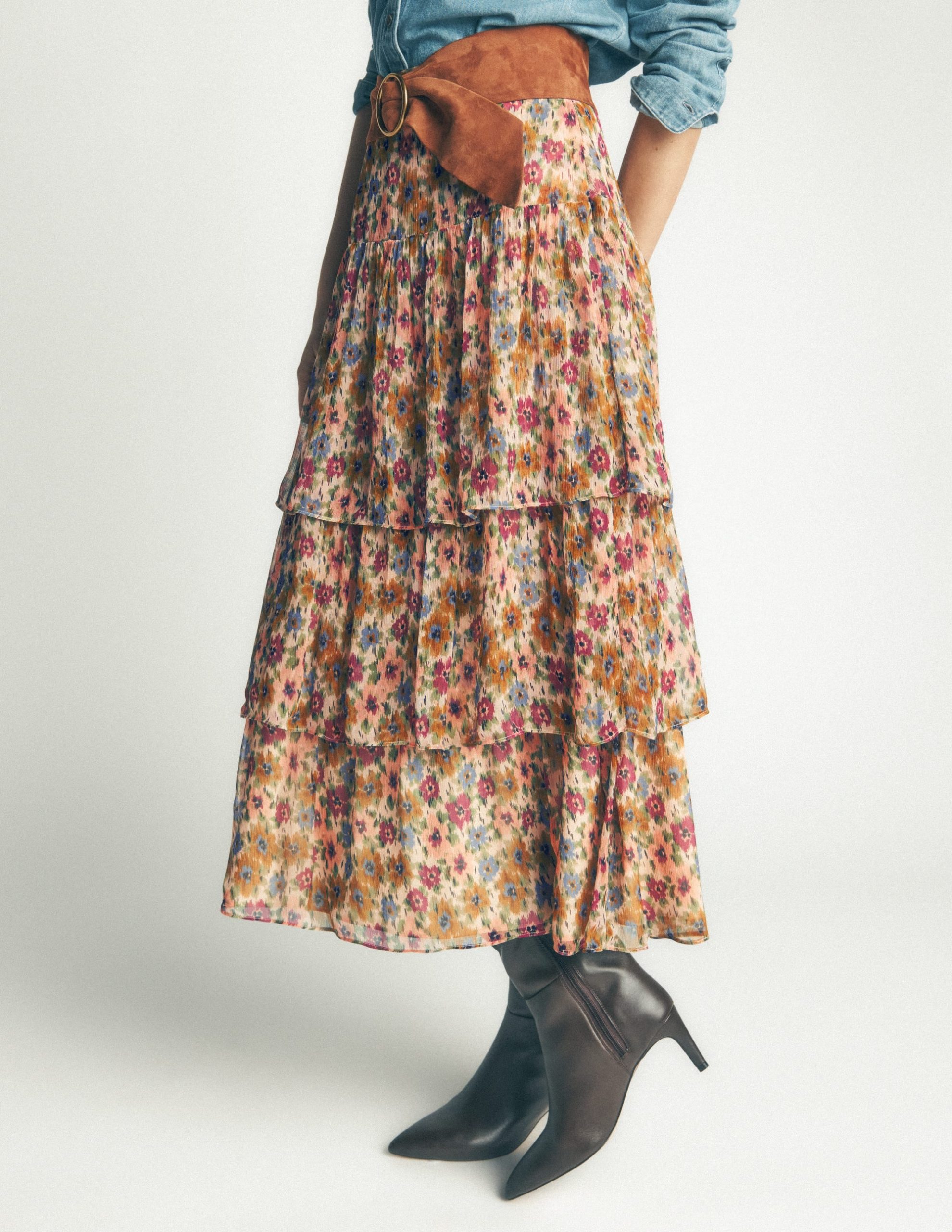 Tiered Ruffle Midi Skirt-Multi. Flecked Garden - Image 4