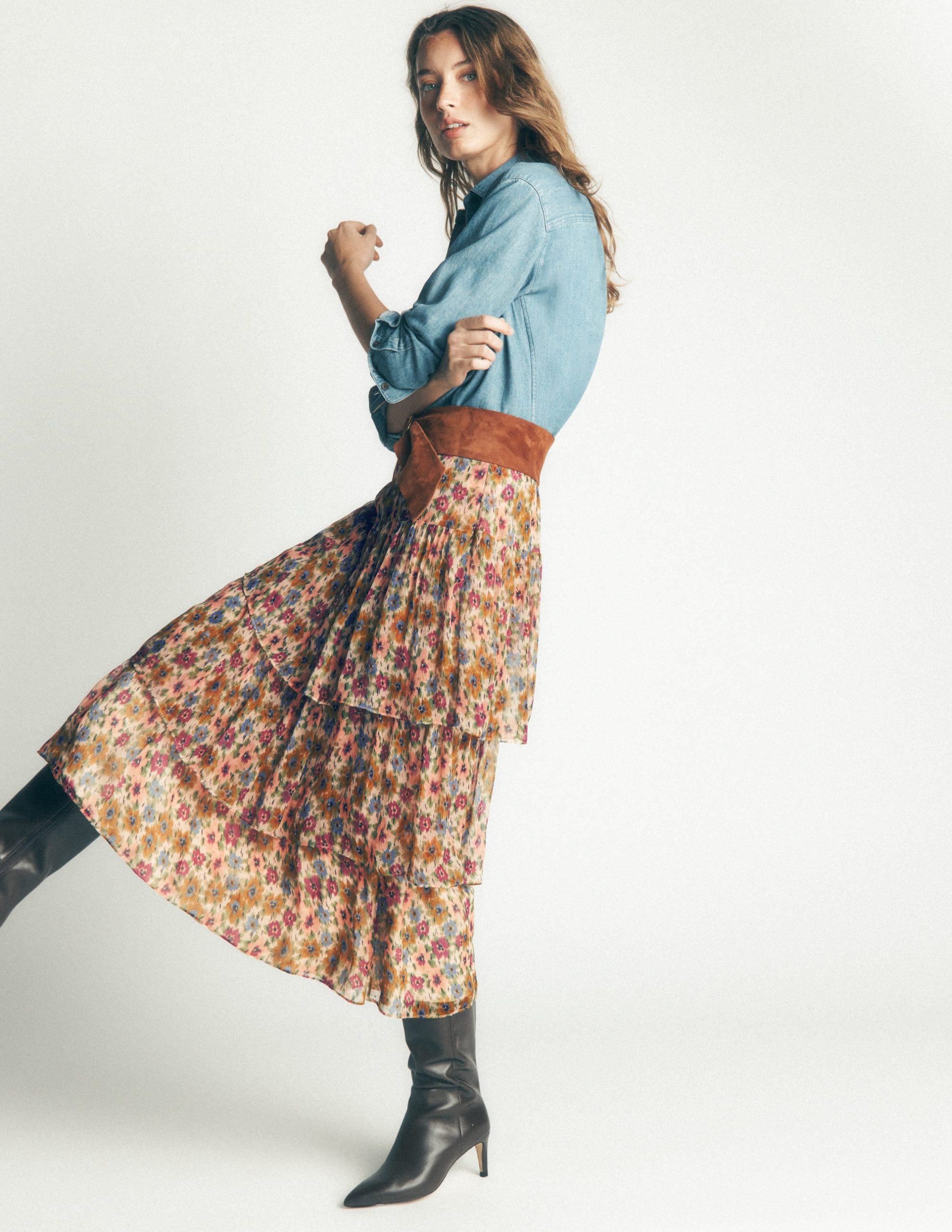 Tiered Ruffle Midi Skirt-Multi. Flecked Garden - Image 5