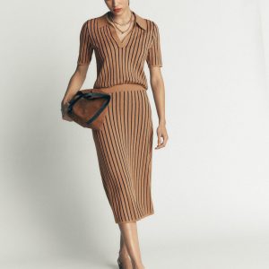 Jacquard Knitted Midi Skirt-Camel Stripe