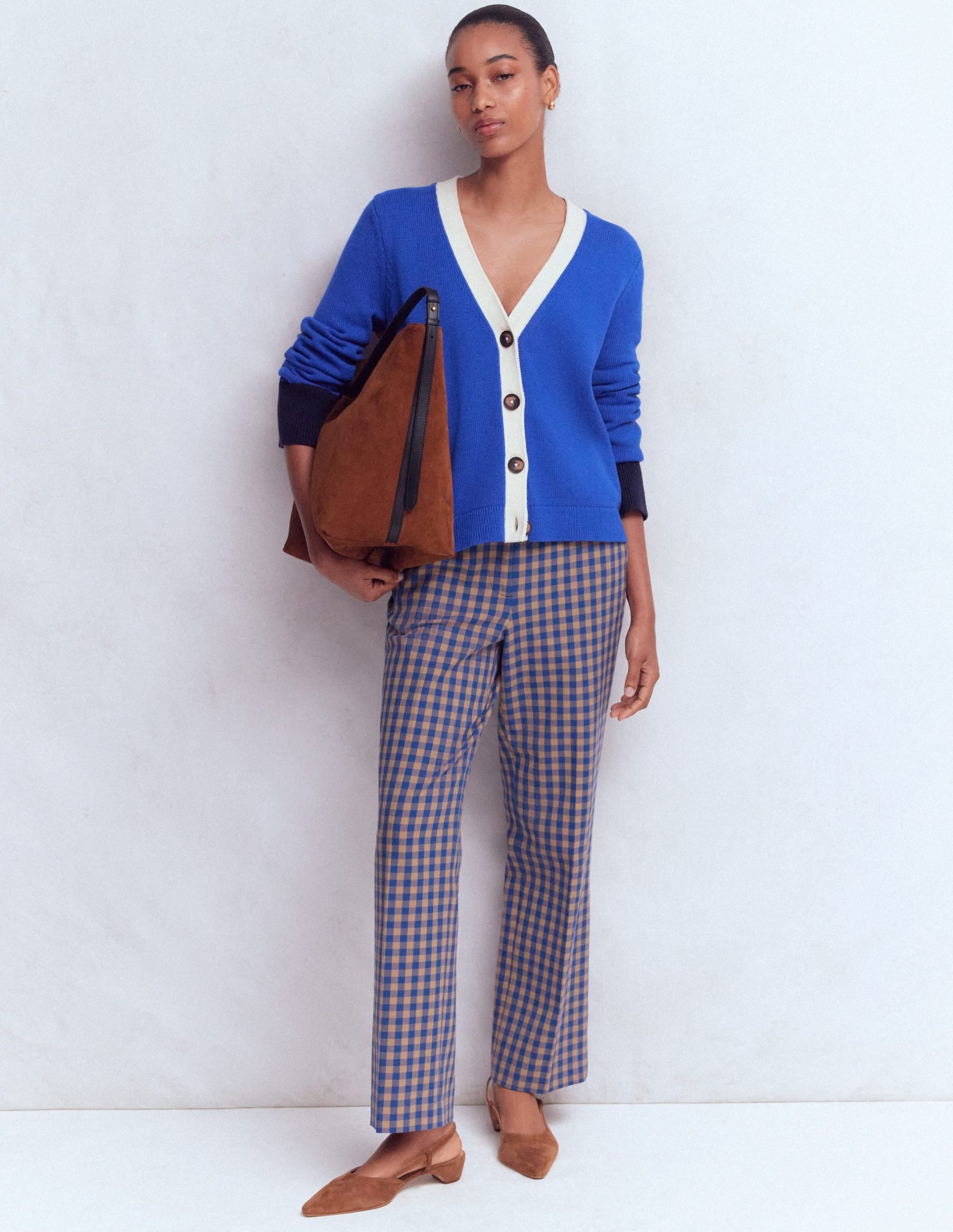 Canonbury Cotton 7/8 Pants-Camel. Blue Gingham
