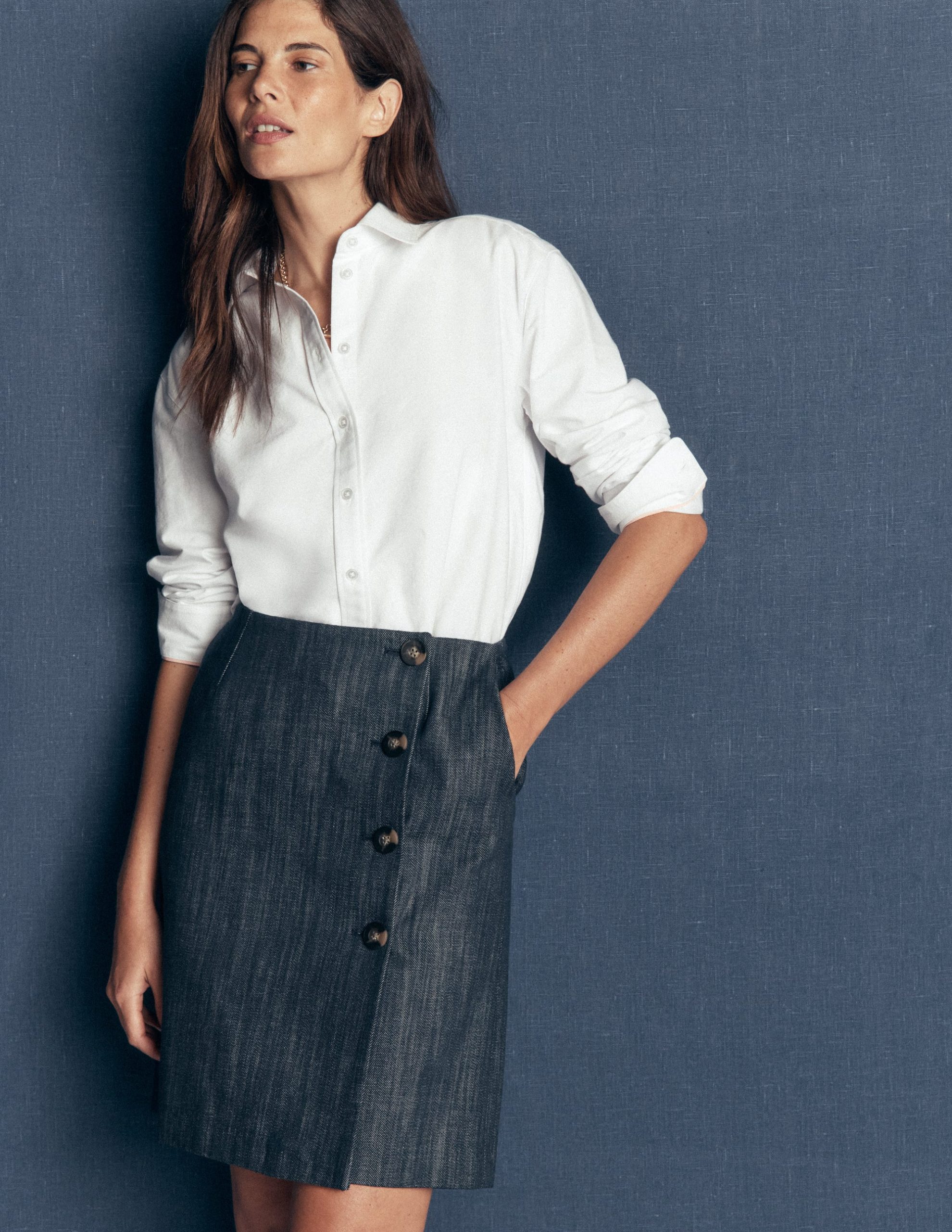 Evelyn Twill Button Wrap Skirt-Indigo Twill - Image 4